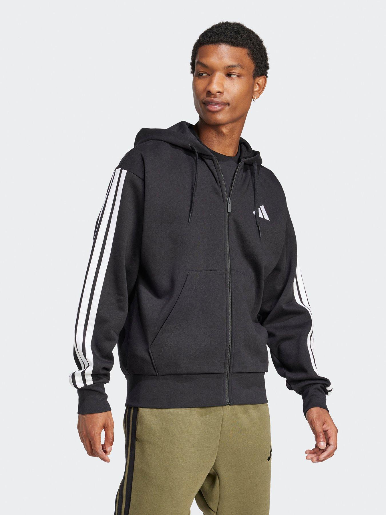  image of adidas-sportswear-mens-essential-3-stripe-full-zip-fleece-hoodie-blackwhite
