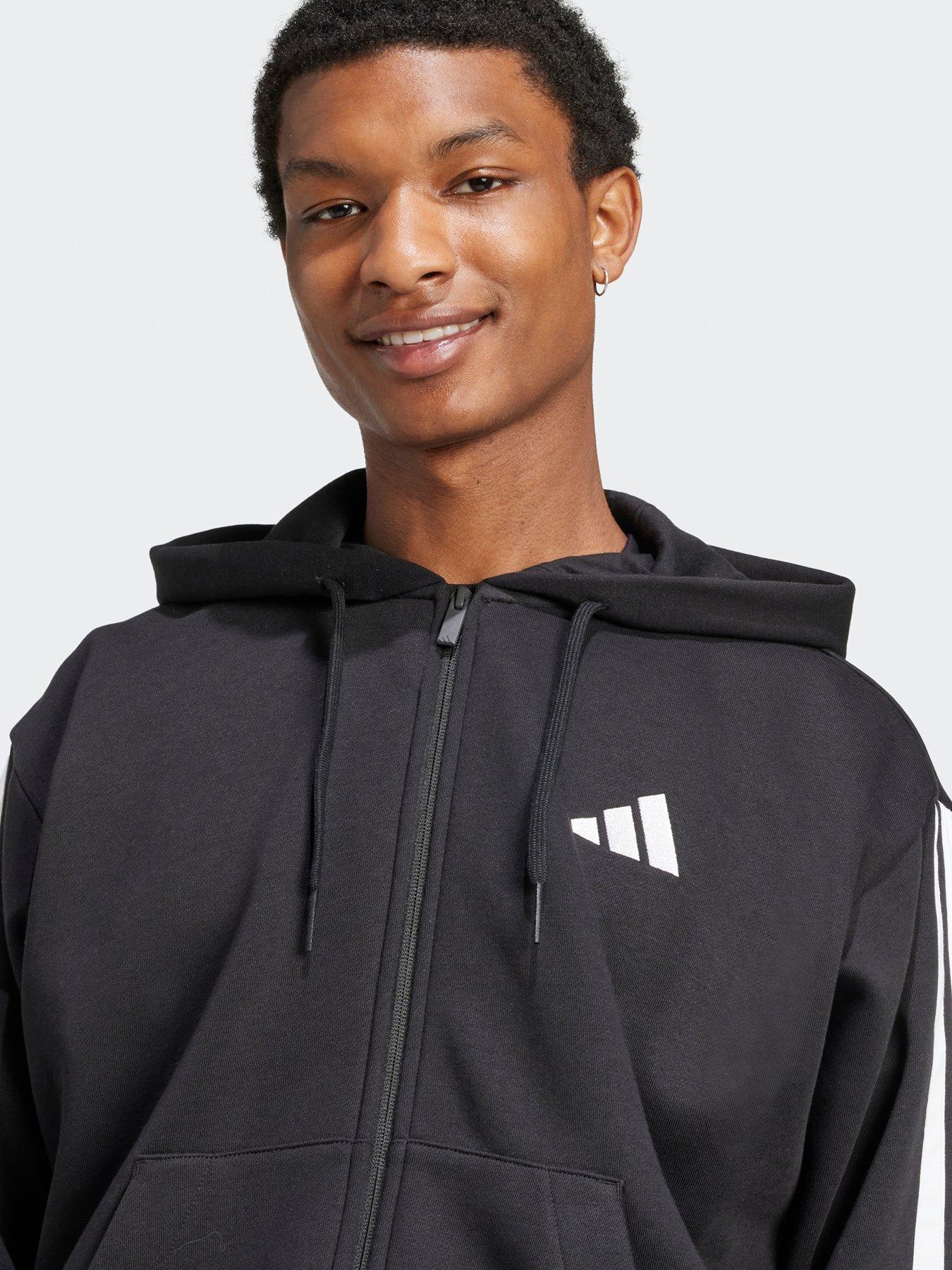  image of adidas-sportswear-mens-essential-3-stripe-full-zip-fleece-hoodie-blackwhite