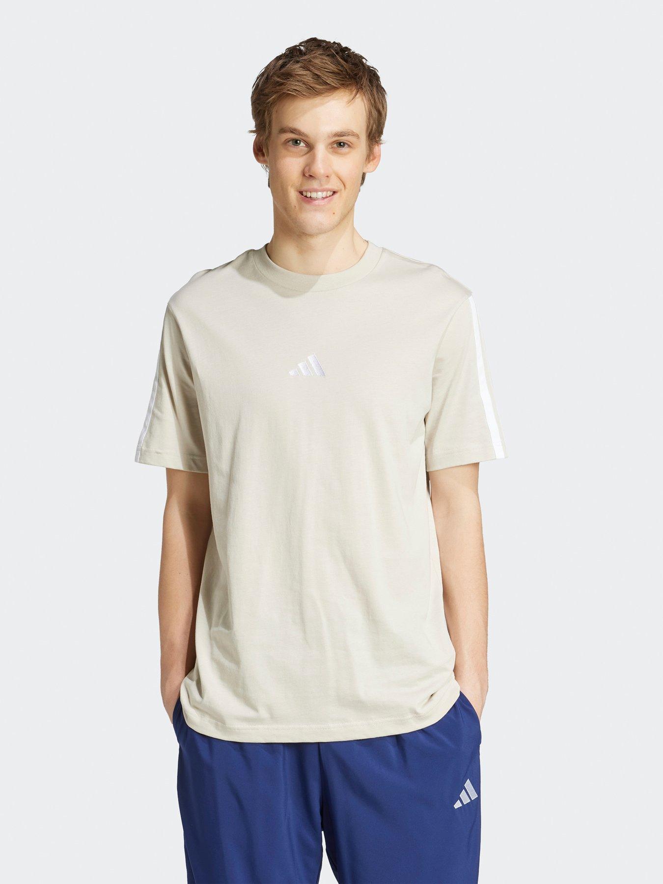 undefined Mens Essentials 3-Stripe Single Jersey T-Shirt - Wonder Alumina/White