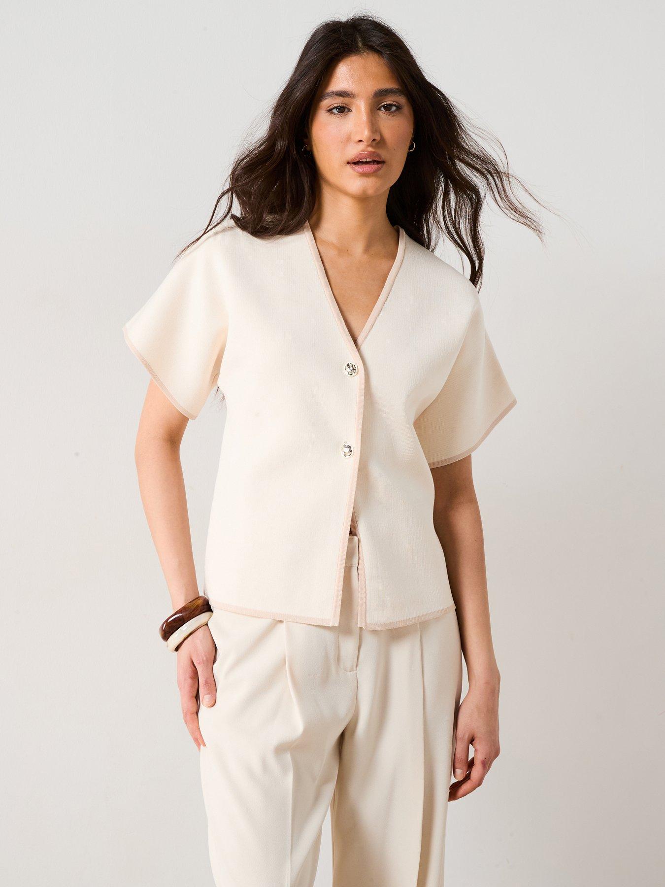  image of v-by-very-short-sleeve-knitted-cardigan-neutralnbsp