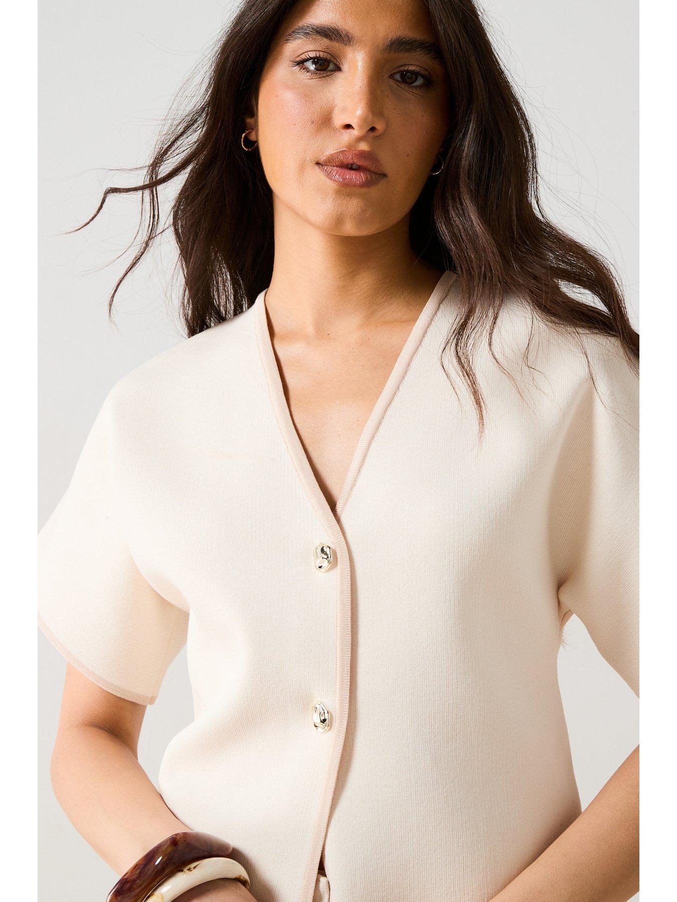  image of v-by-very-short-sleeve-knitted-cardigan-neutralnbsp