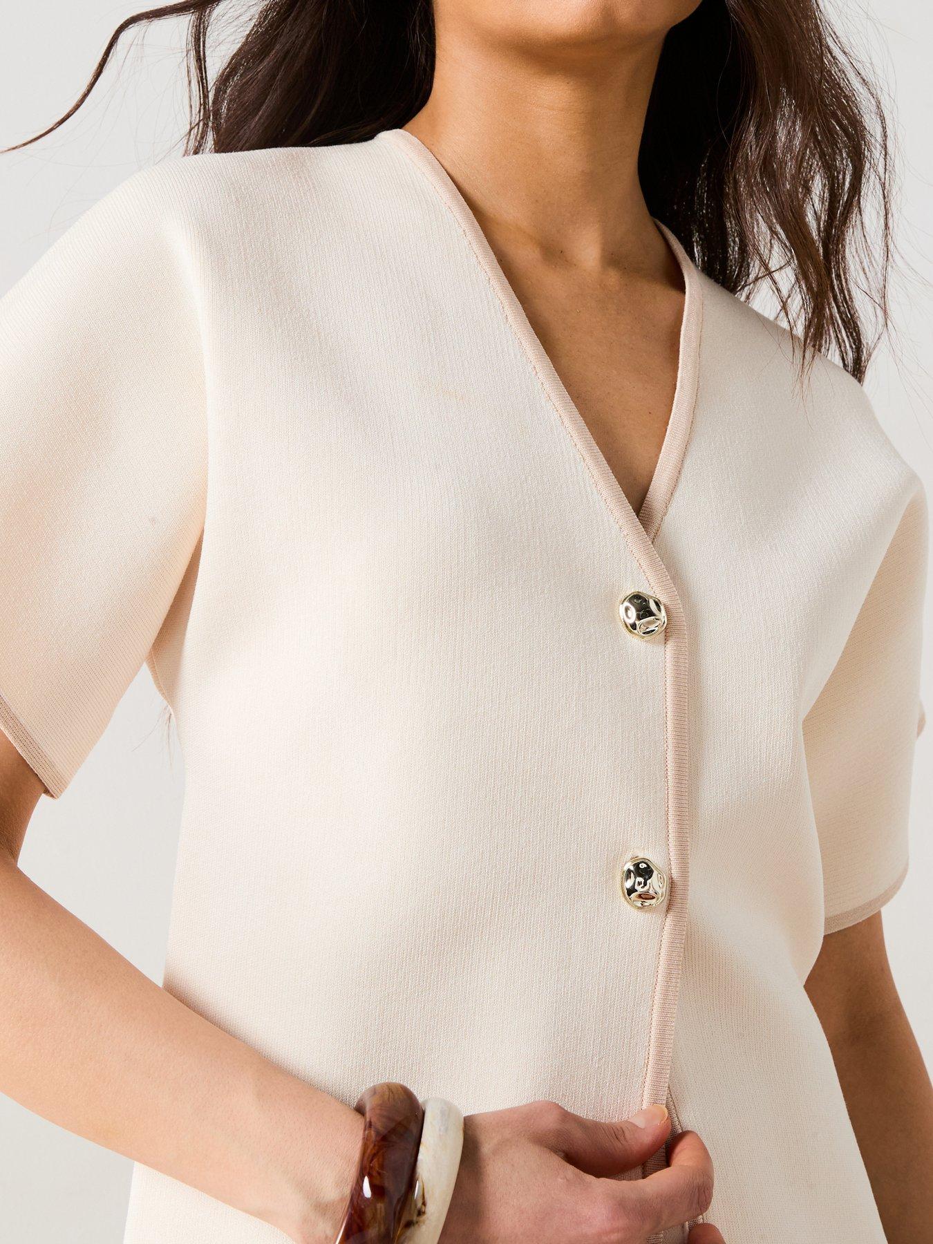  image of v-by-very-short-sleeve-knitted-cardigan-neutralnbsp