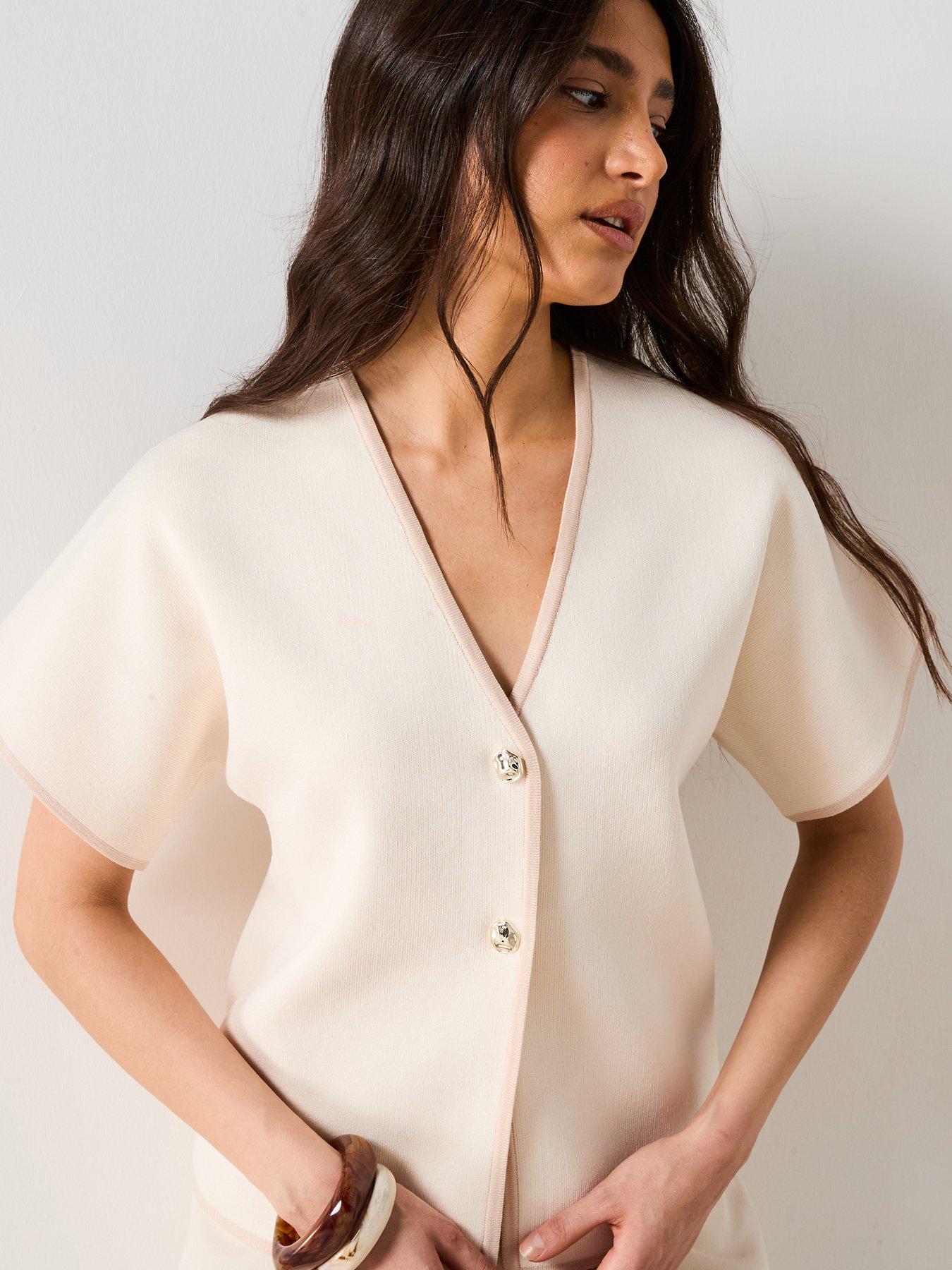  image of v-by-very-short-sleeve-knitted-cardigan-neutralnbsp