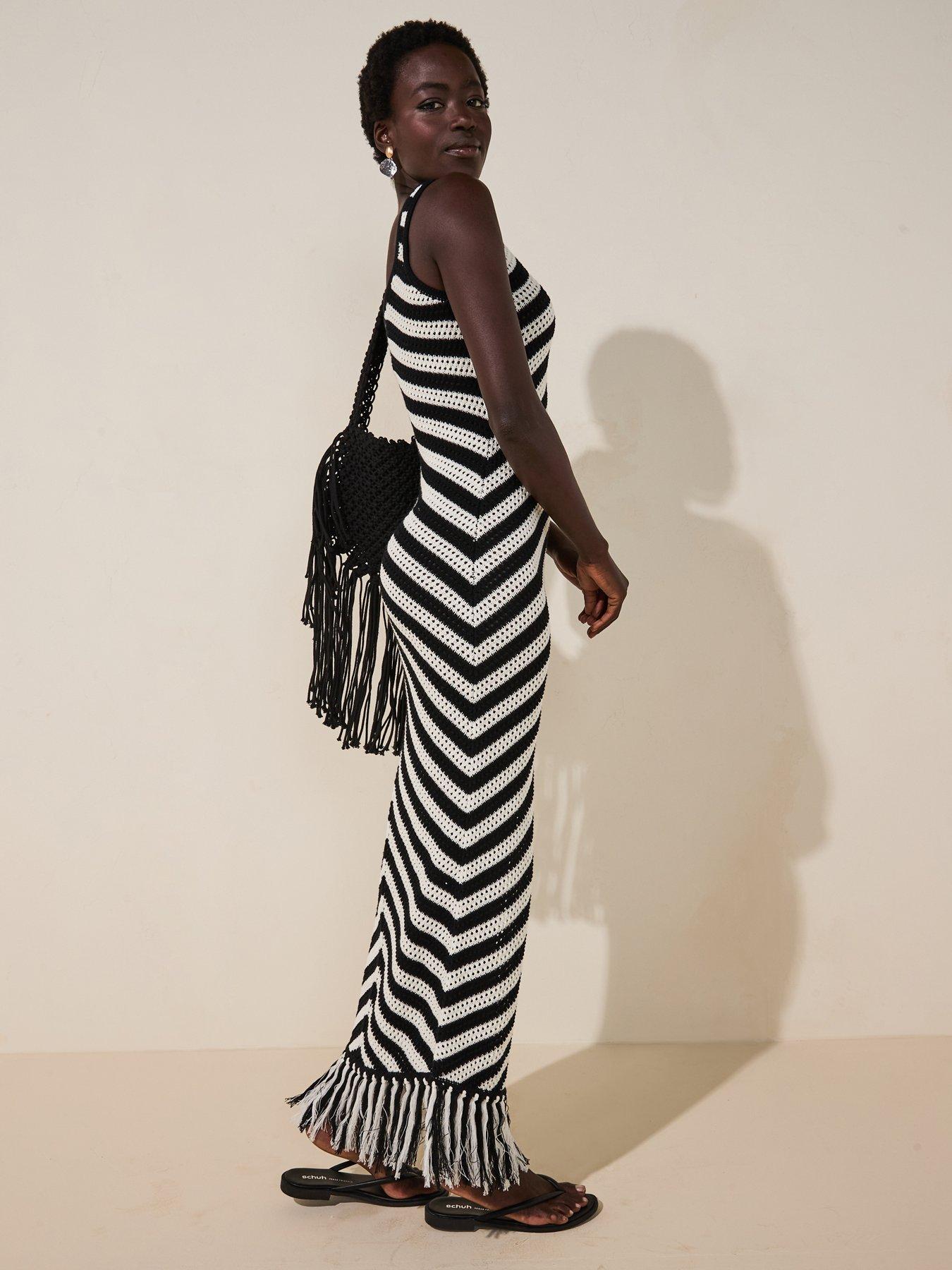  image of v-by-very-cotton-rich-crochet-fringe-knitted-dress-blackwhite