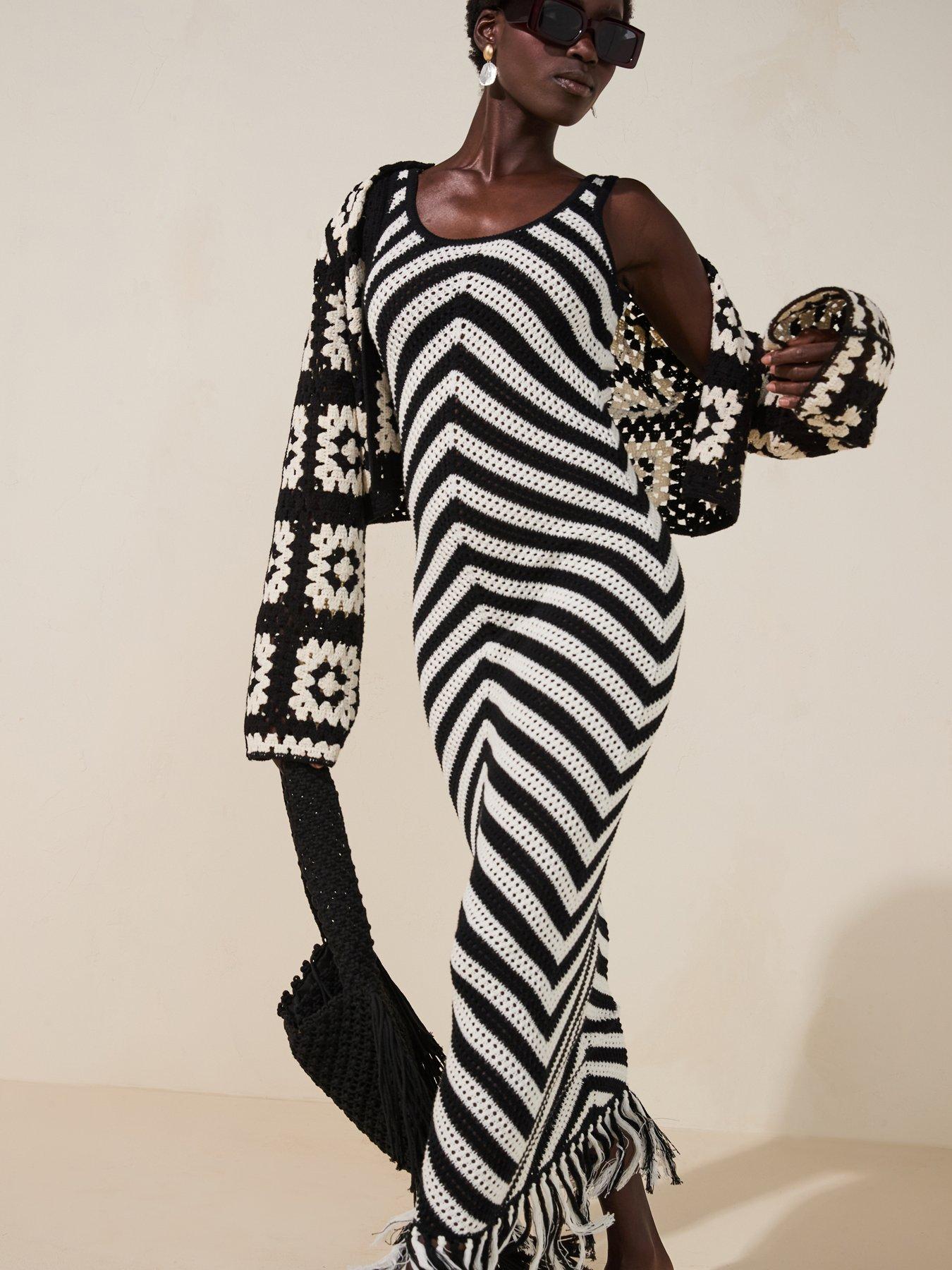  image of v-by-very-cotton-rich-crochet-fringe-knitted-dress-blackwhite