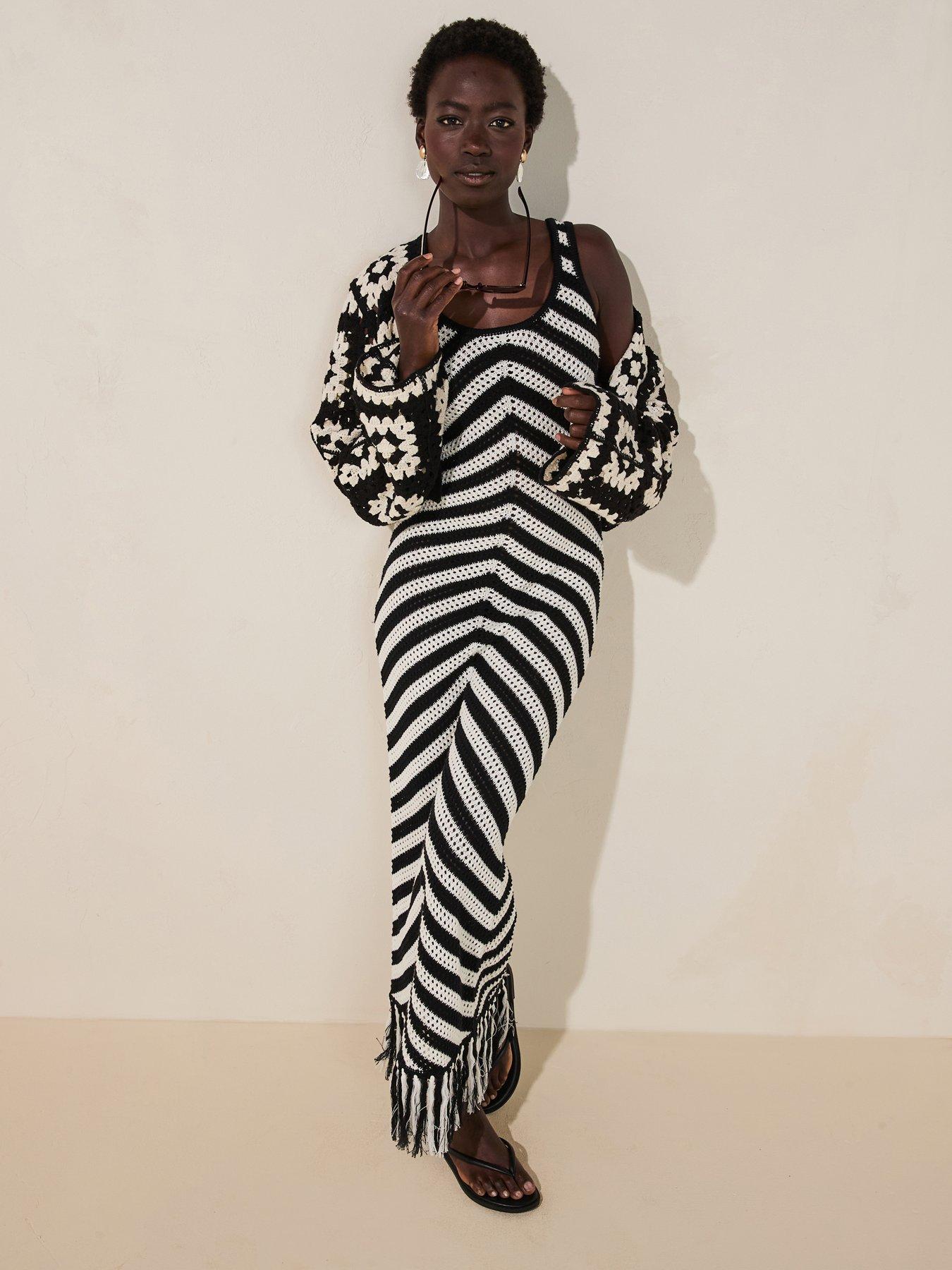 image of v-by-very-cotton-rich-crochet-fringe-knitted-dress-blackwhite