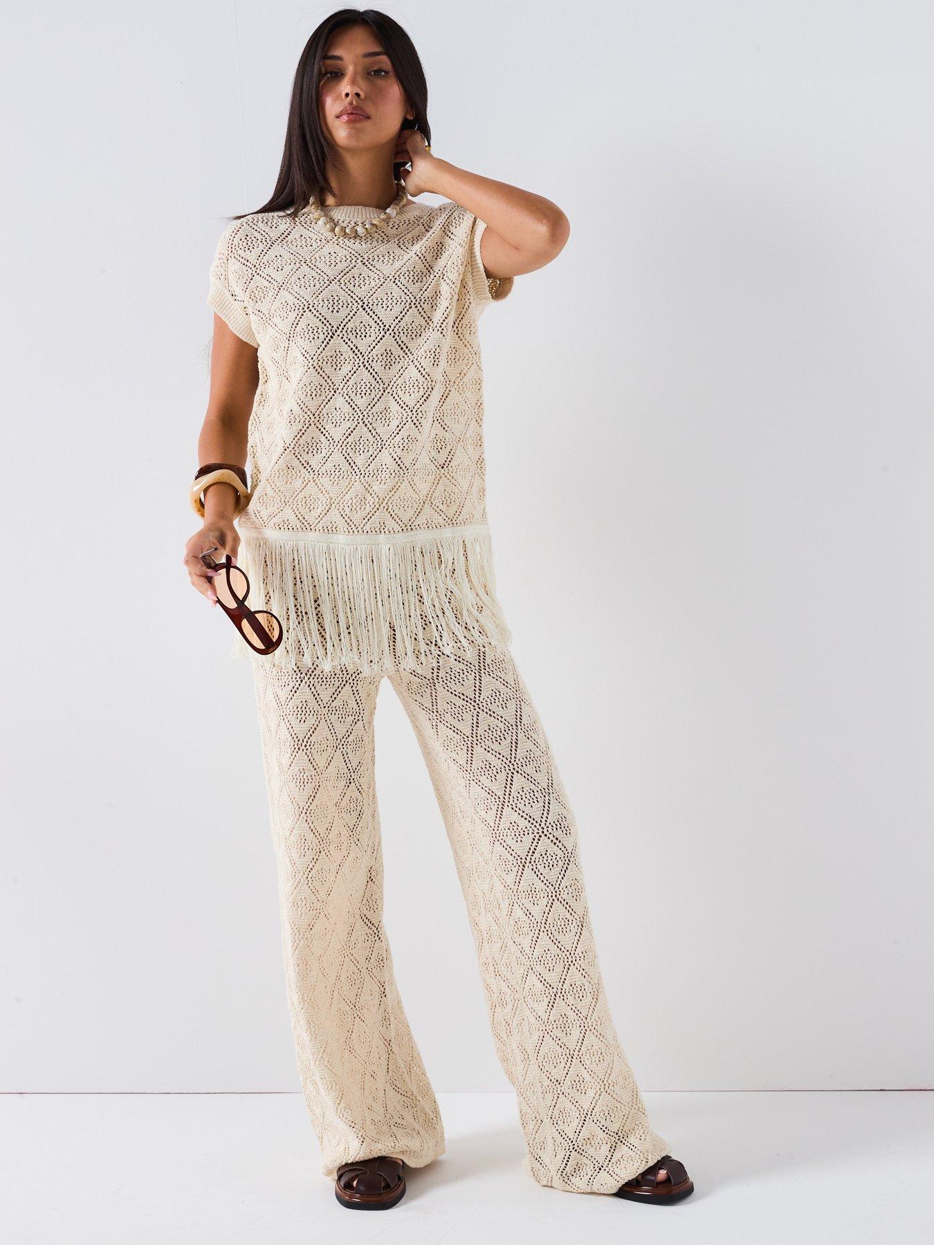 undefined Cotton Rich Knitted Pointelle Fringe Top Coord - Beige