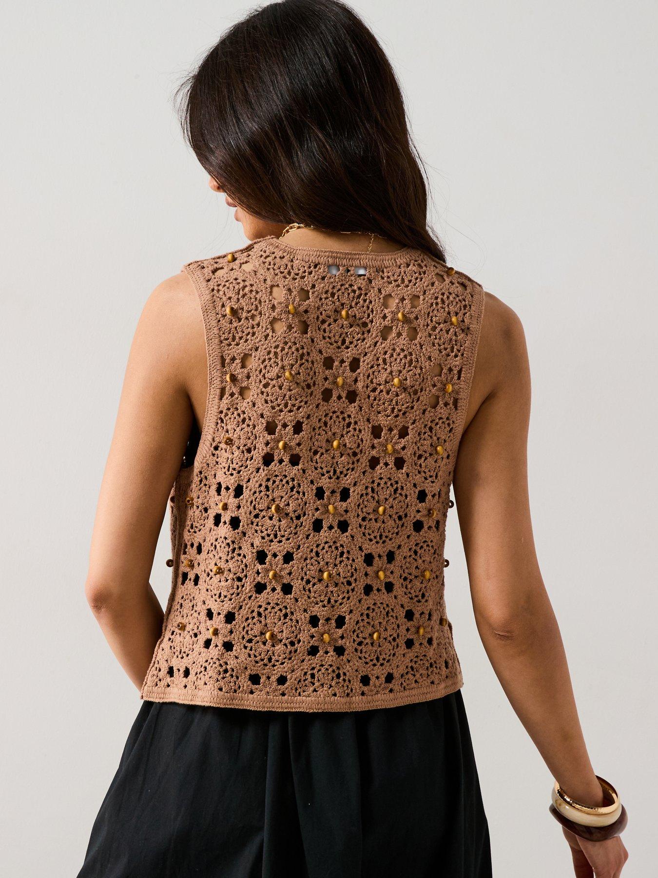  image of v-by-very-cotton-rich-v-neck-crochet-beaded-waistcoat-brown