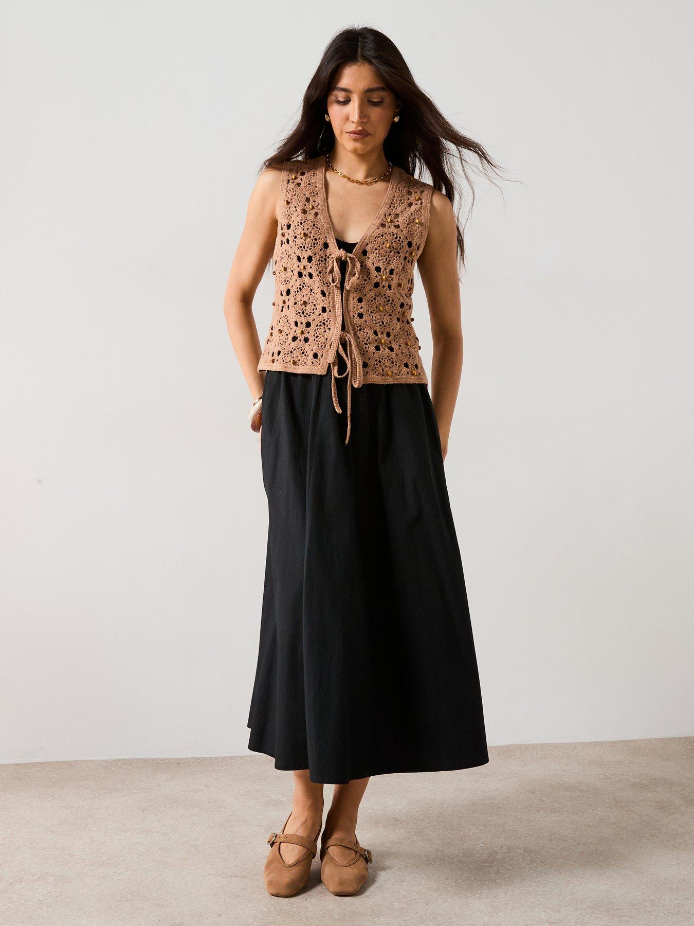  image of v-by-very-cotton-rich-v-neck-crochet-beaded-waistcoat-brown