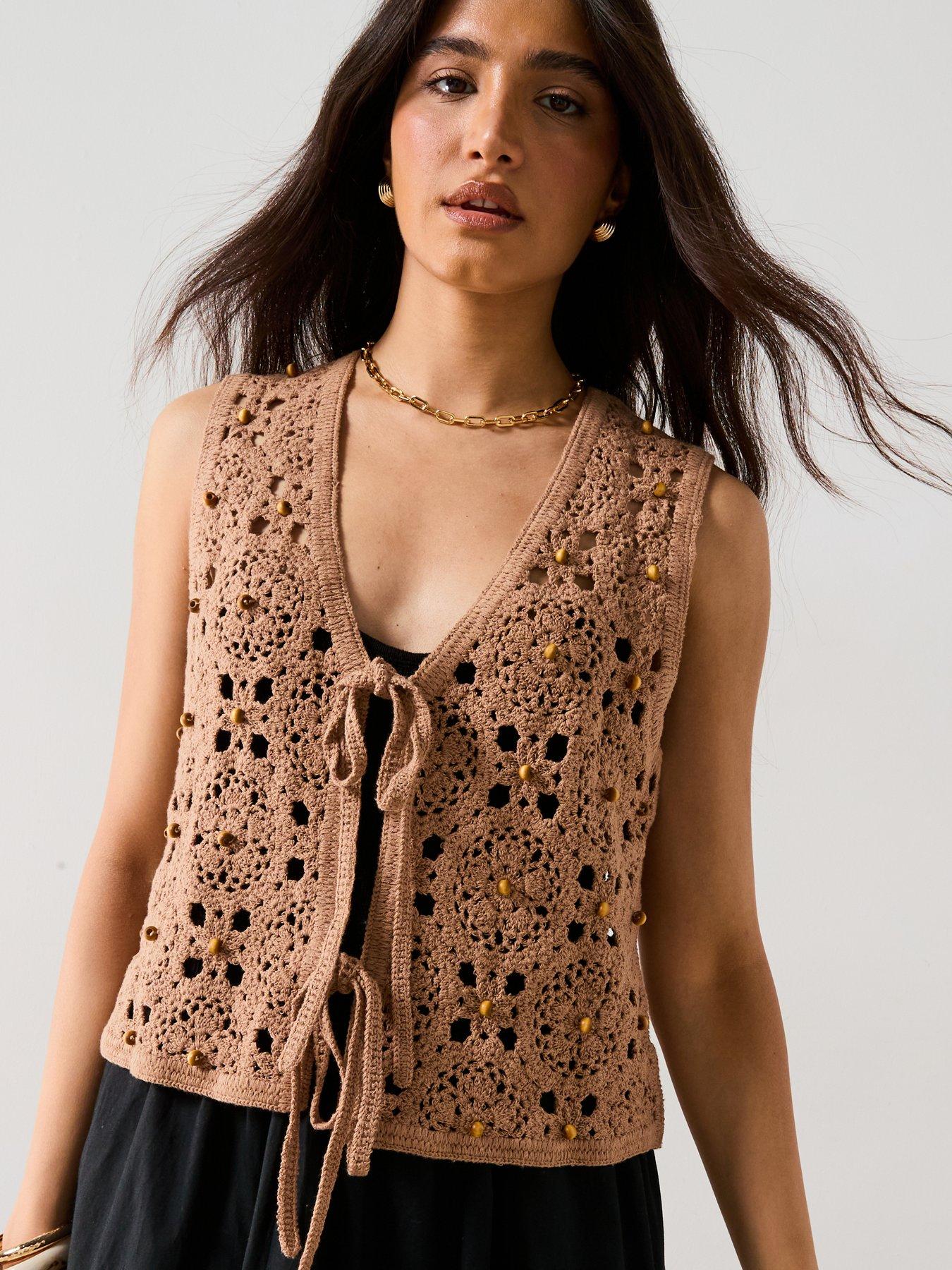  image of v-by-very-cotton-rich-v-neck-crochet-beaded-waistcoat-brown