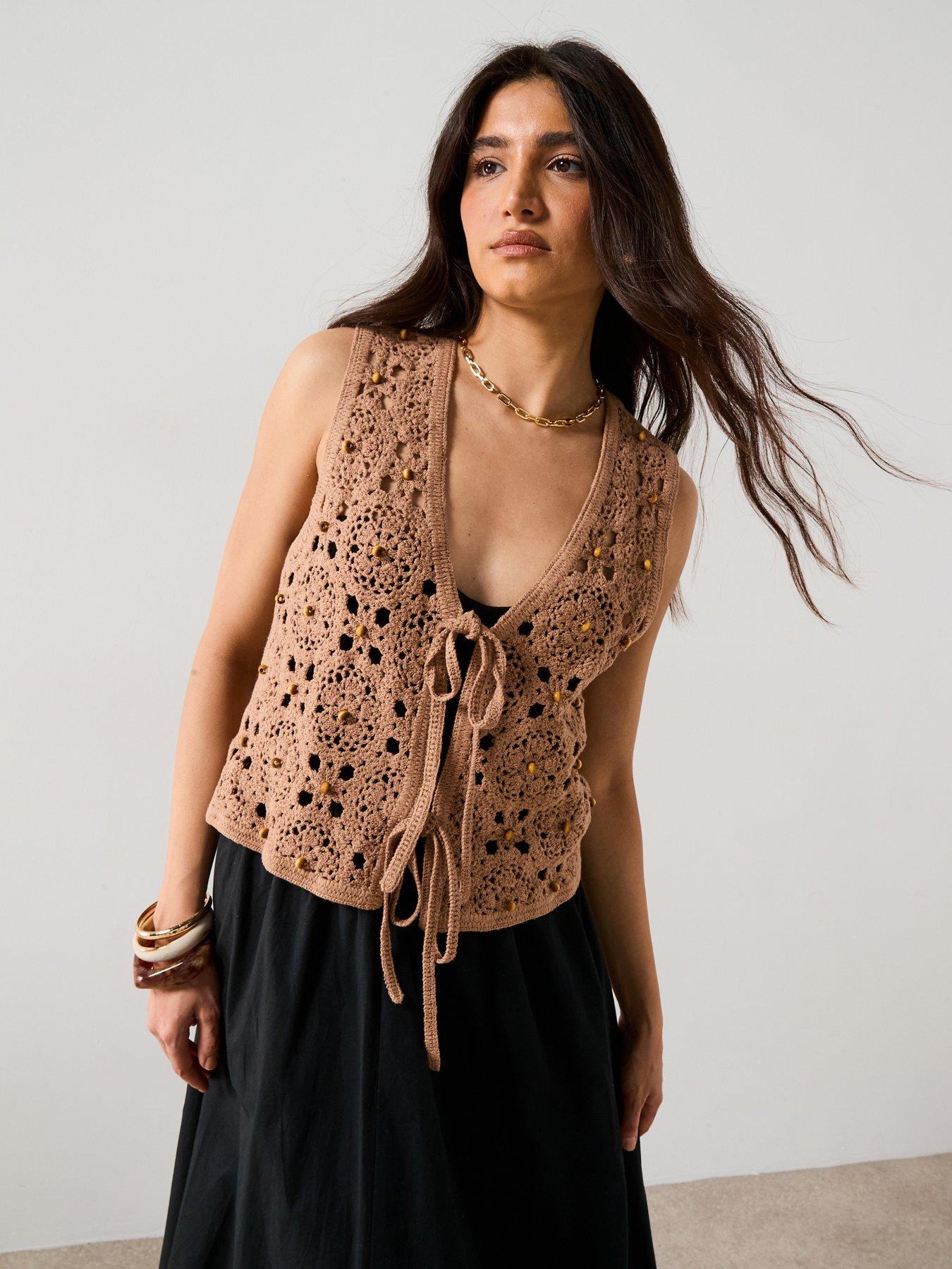  image of v-by-very-cotton-rich-v-neck-crochet-beaded-waistcoat-brown