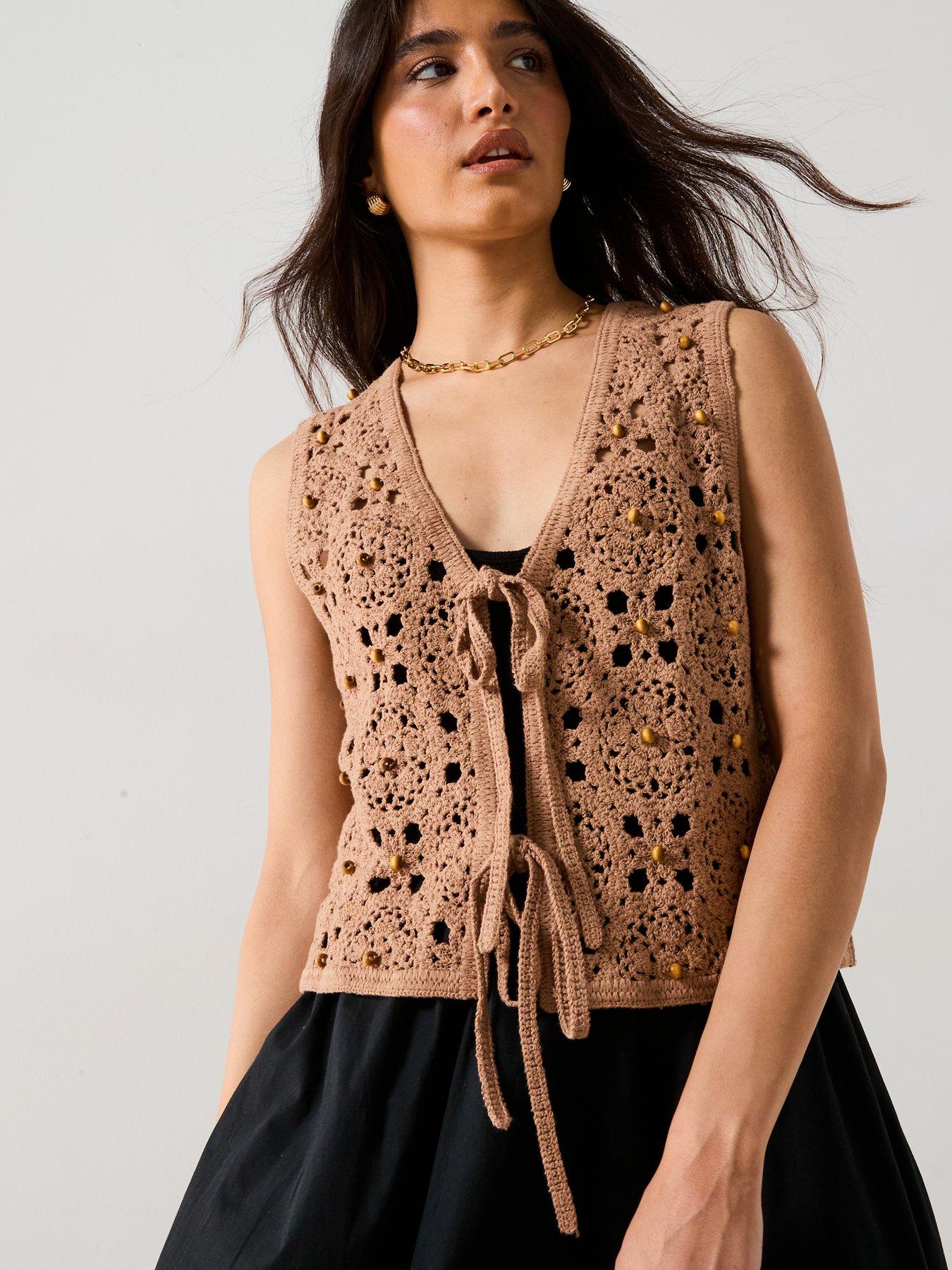  image of v-by-very-cotton-rich-v-neck-crochet-beaded-waistcoat-brown
