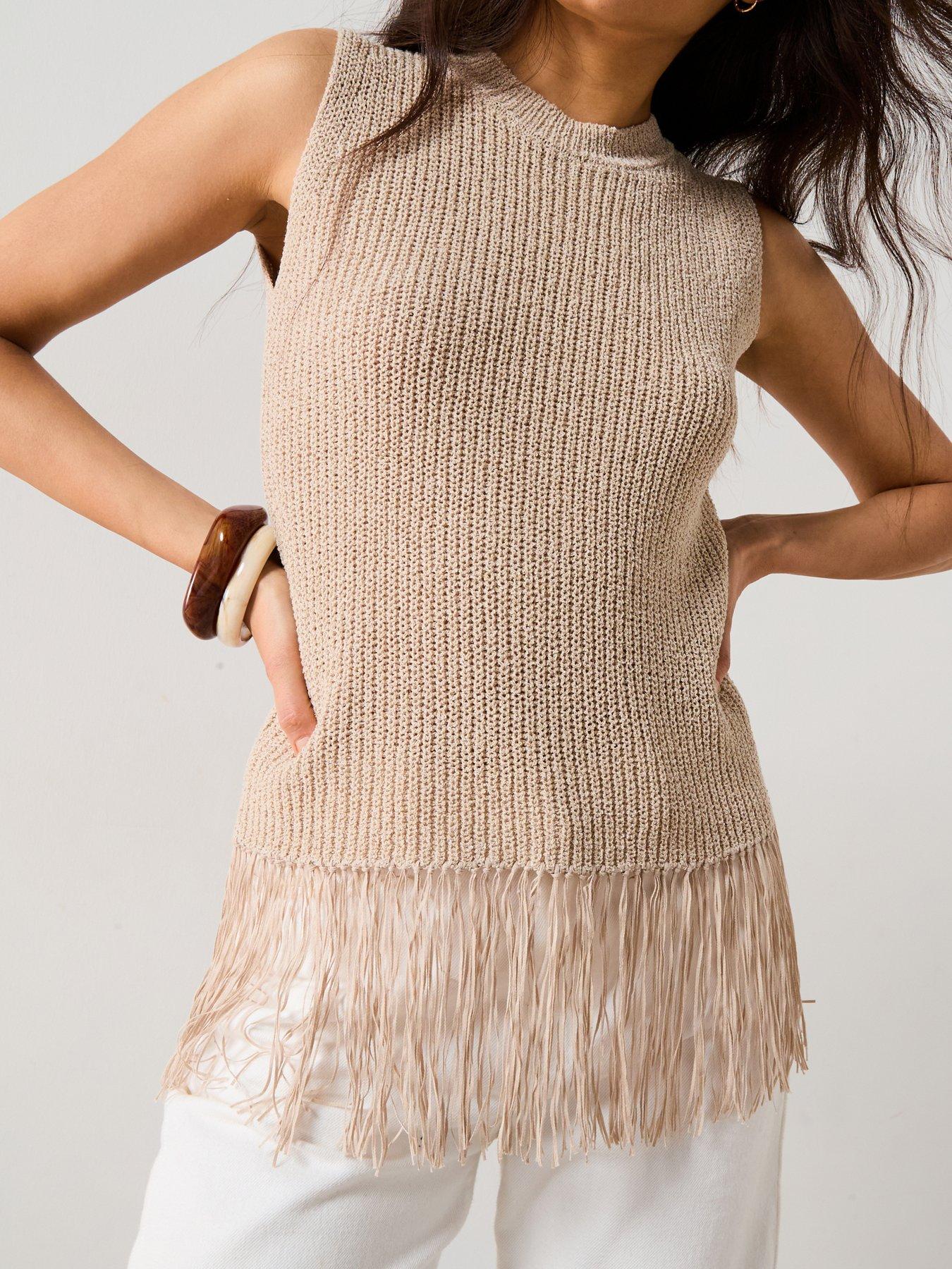 undefined Cotton Rich Knitted Fringe Jumper - Neutral