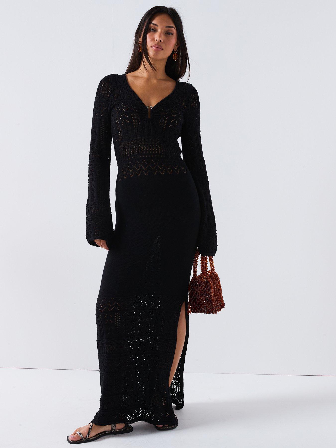 undefined Cotton Rich Crochet Knitted Maxi Dress - Black