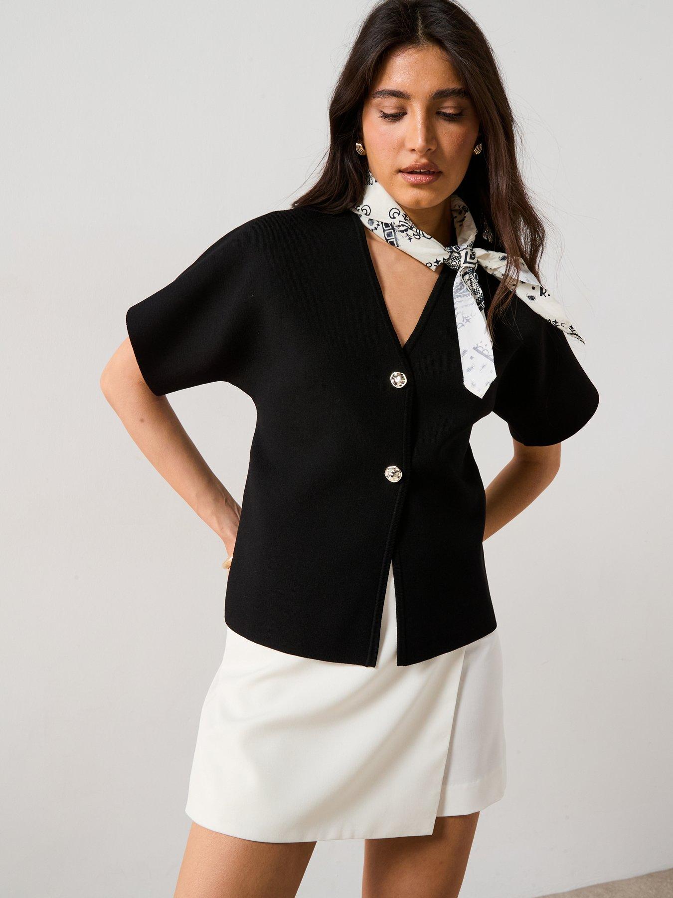  image of v-by-very-short-sleeve-knitted-cardigan-black