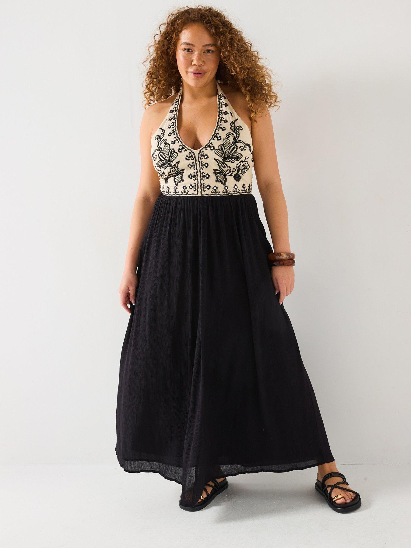 V by Very Curve Halter Neck Embroidered Maxi Dress - Multi