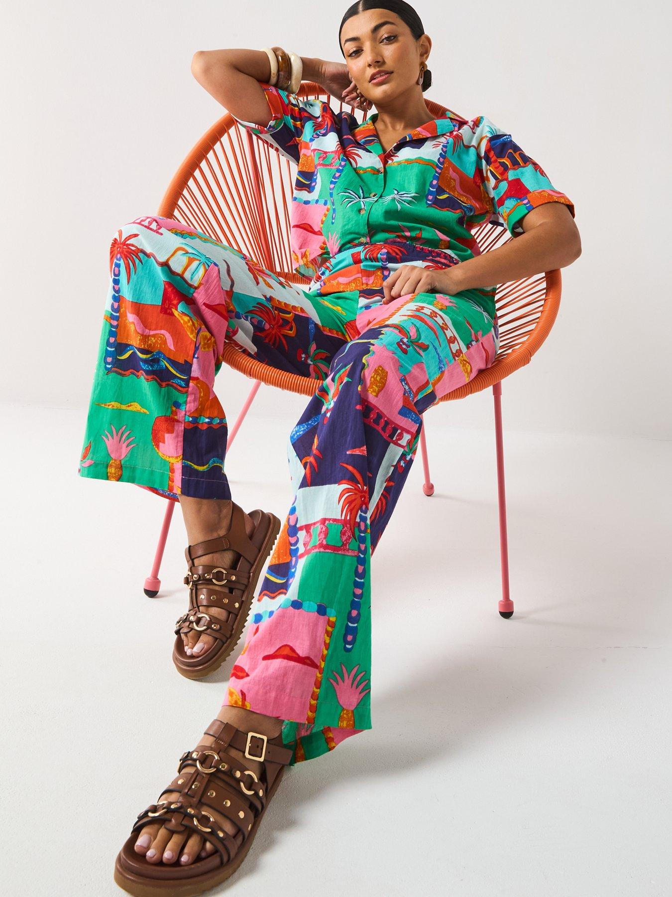  image of v-by-very-postcard-trouser-co-ord-multi