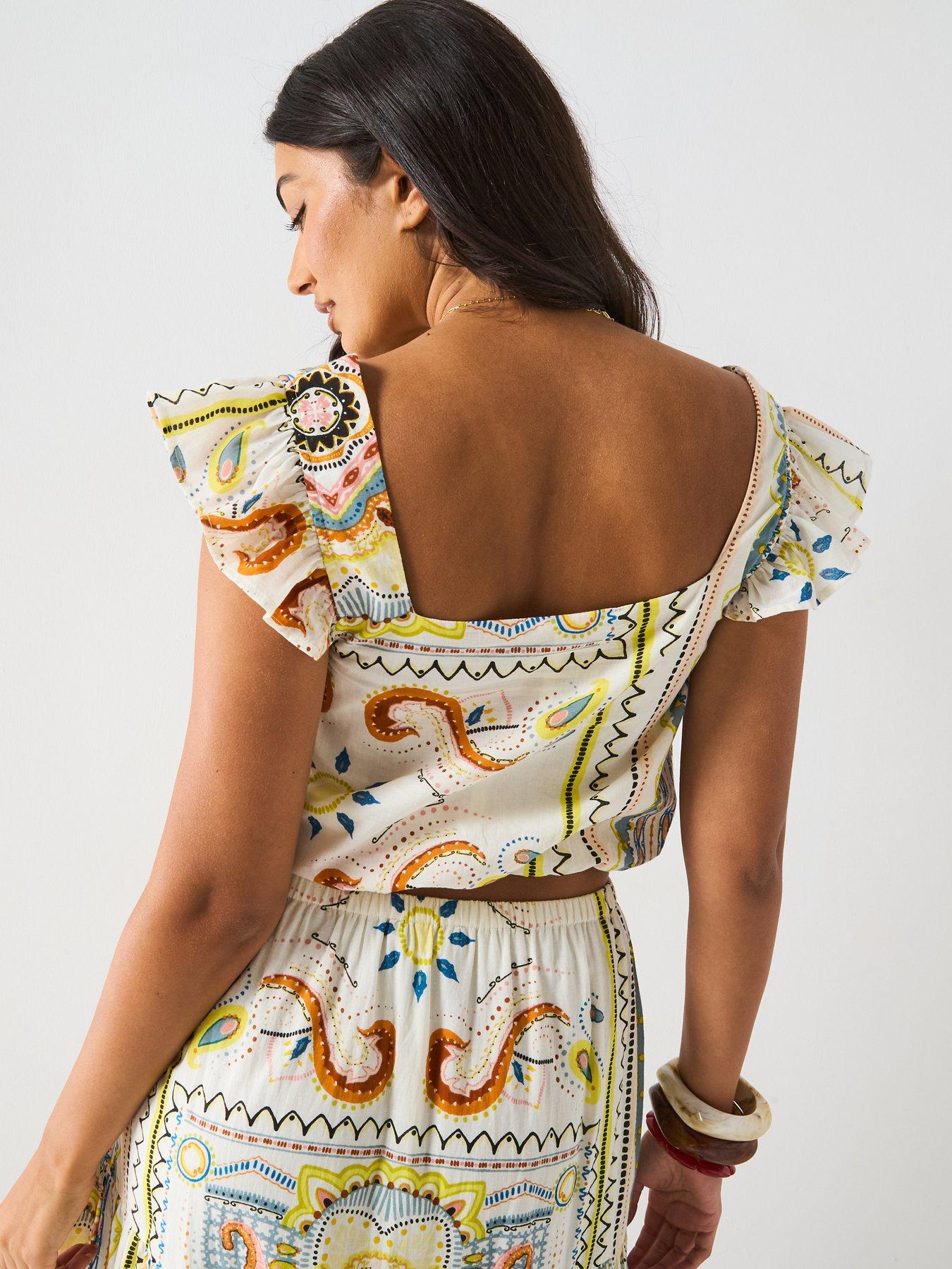 stillFront image of v-by-very-square-neck-frill-mixed-print-blouse-co-ord-multi