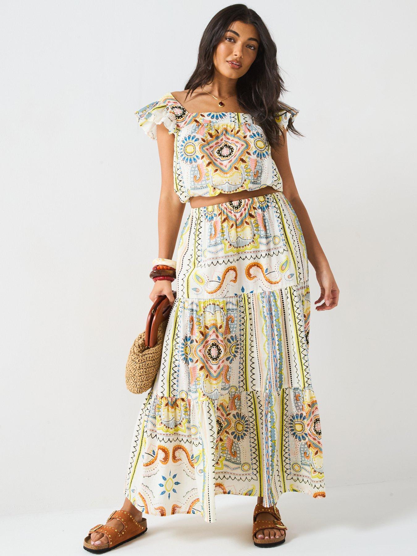  image of v-by-very-square-neck-frill-mixed-print-blouse-co-ord-multi