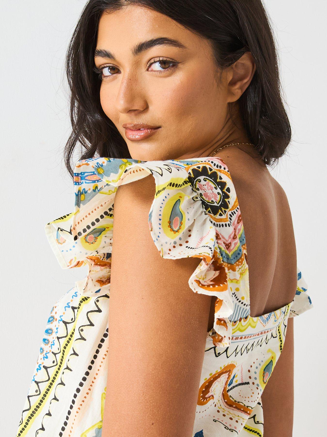  image of v-by-very-square-neck-frill-mixed-print-blouse-co-ord-multi