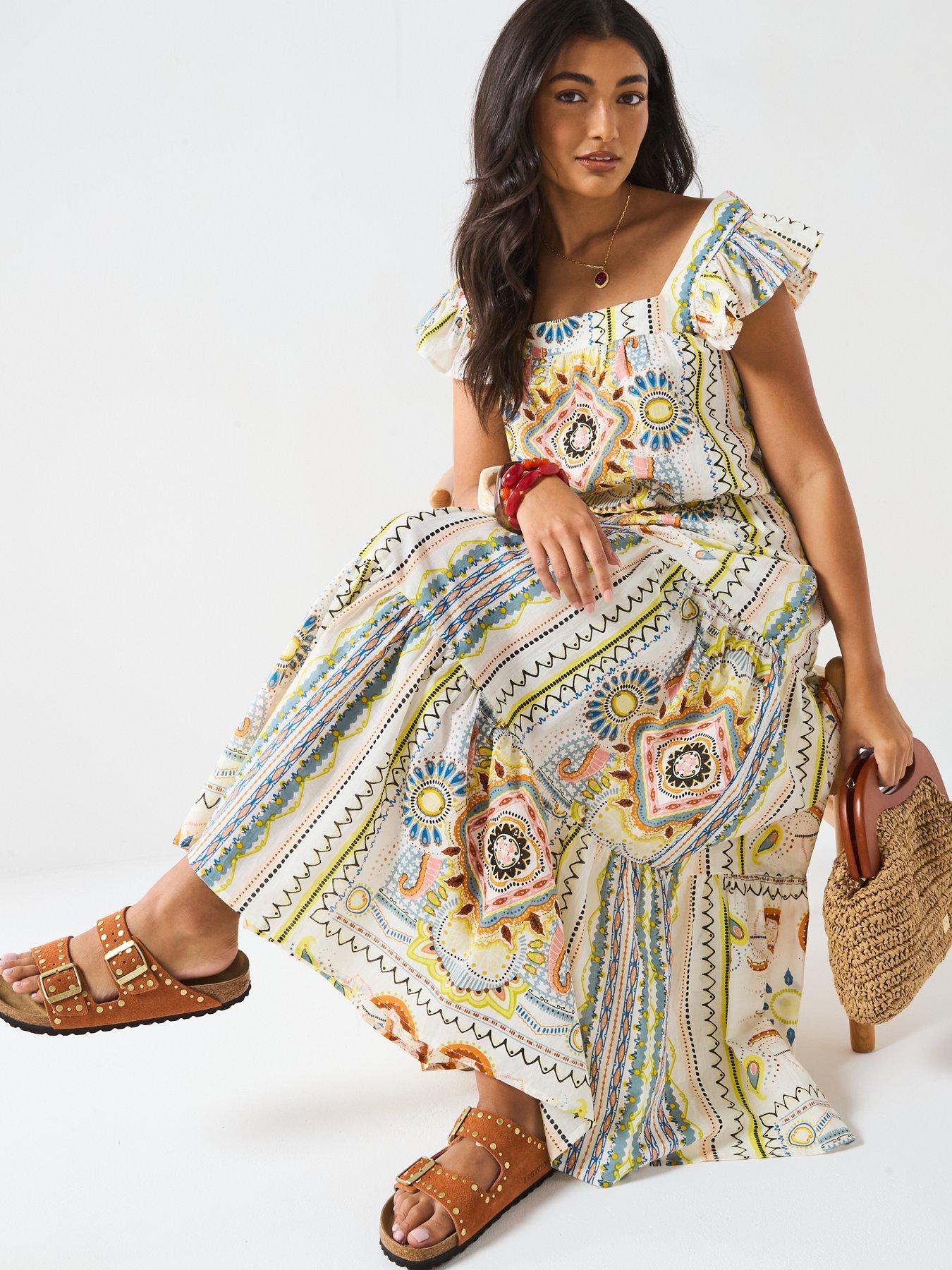  image of v-by-very-square-neck-frill-mixed-print-blouse-co-ord-multi