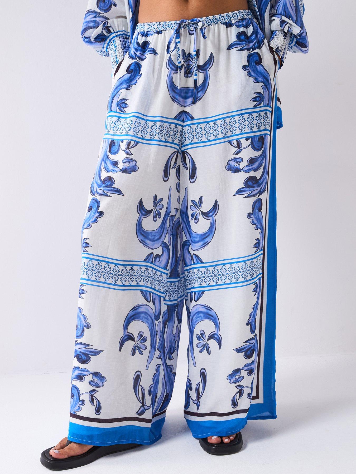 V by Very Printed Super Wide Leg Co-ord Trousers - Blue