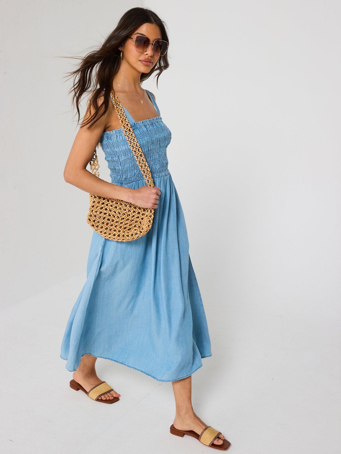  image of v-by-very-supersoft-smock-top-denim-dress-light-wash