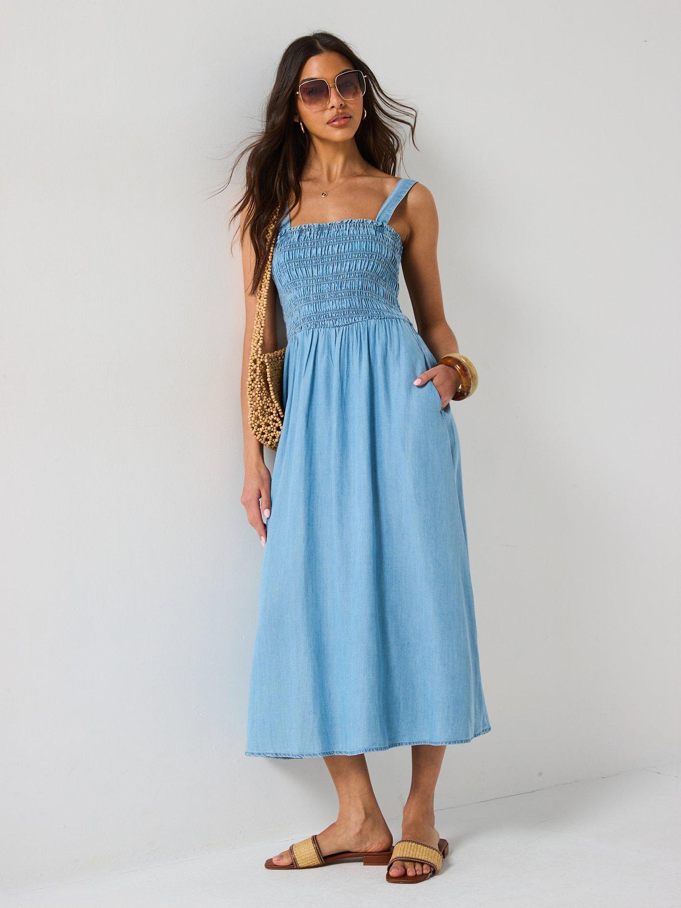  image of v-by-very-supersoft-smock-top-denim-dress-light-wash