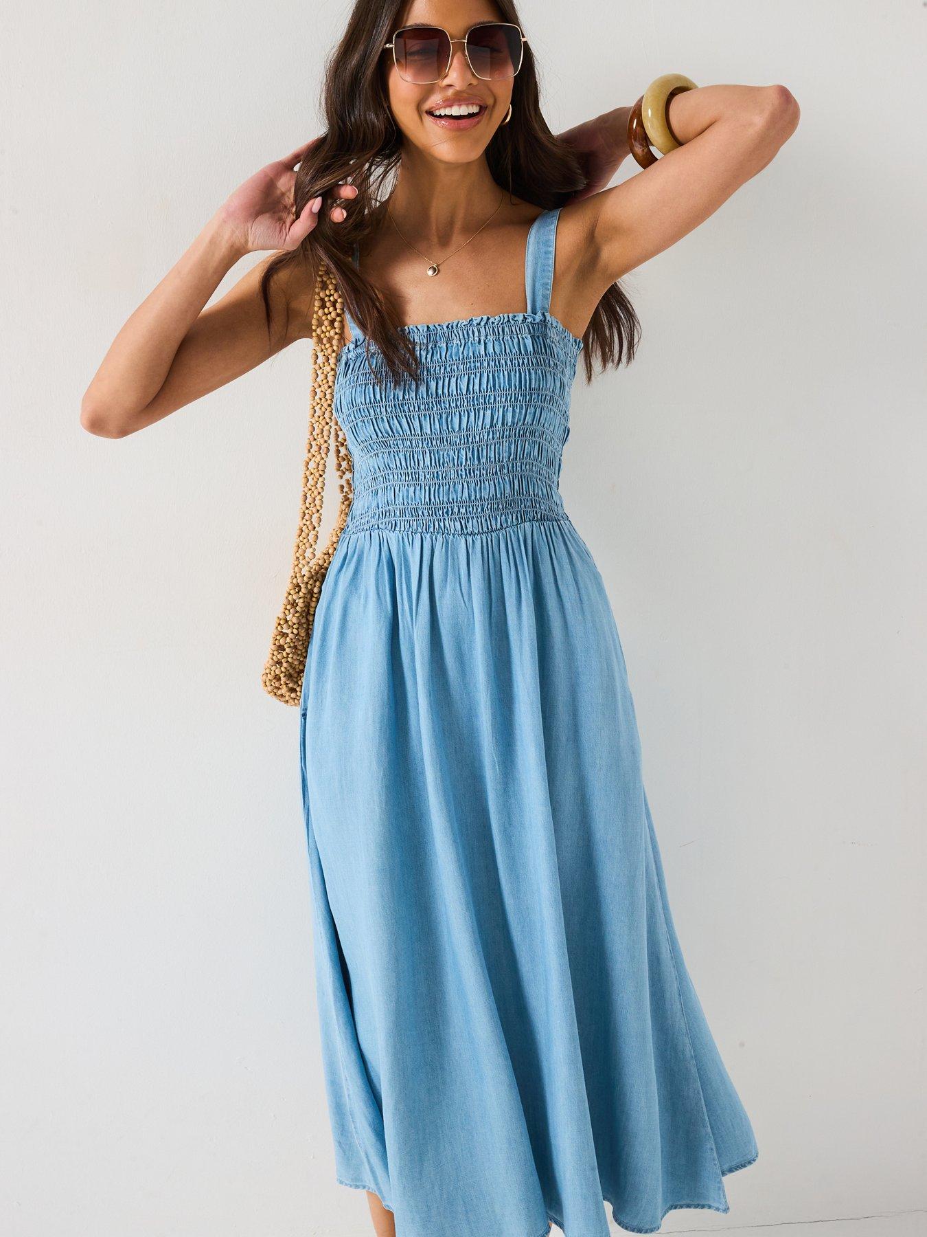  image of v-by-very-supersoft-smock-top-denim-dress-light-wash