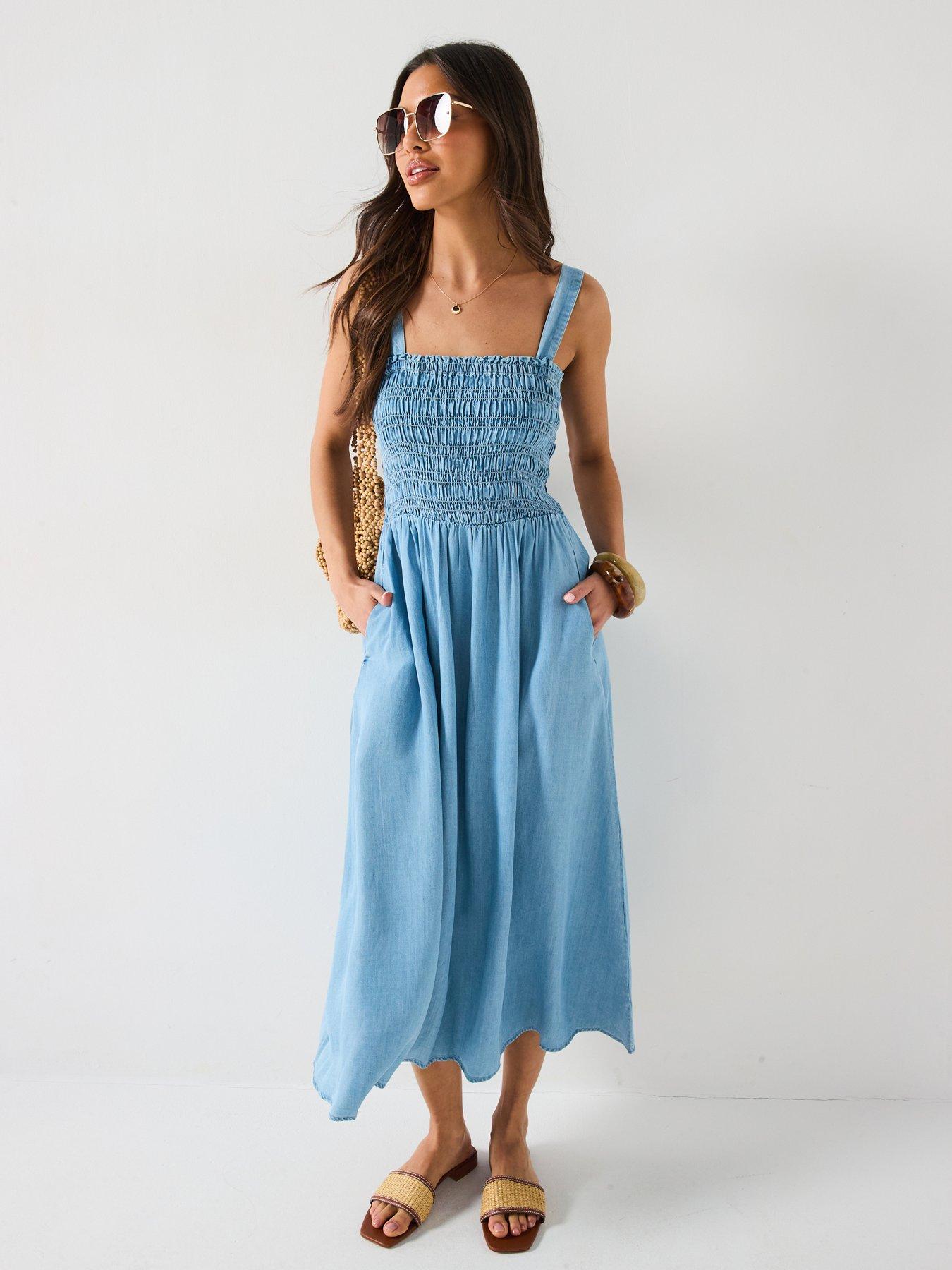  image of v-by-very-supersoft-smock-top-denim-dress-light-wash