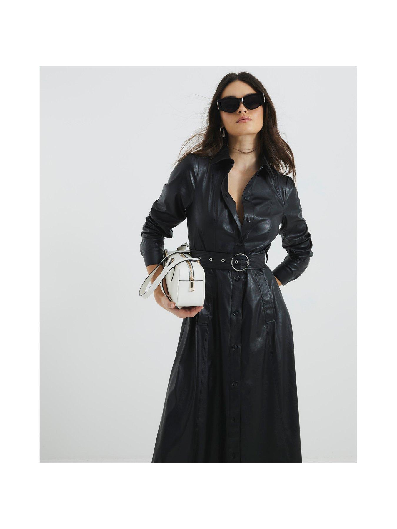 Image 3 of 5 of River Island Pu Shirt Midi Dress - Black