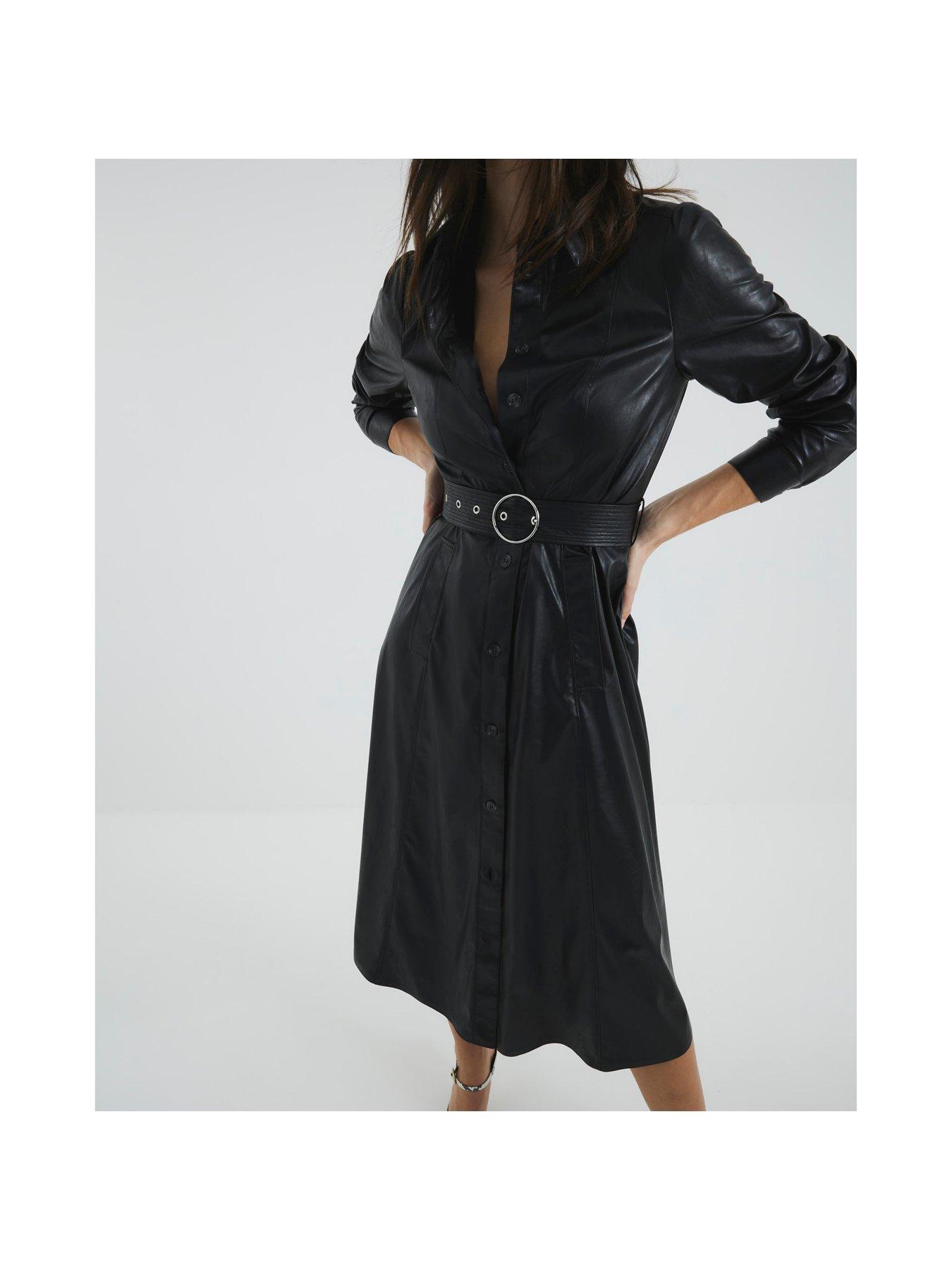 Image 4 of 5 of River Island Pu Shirt Midi Dress - Black