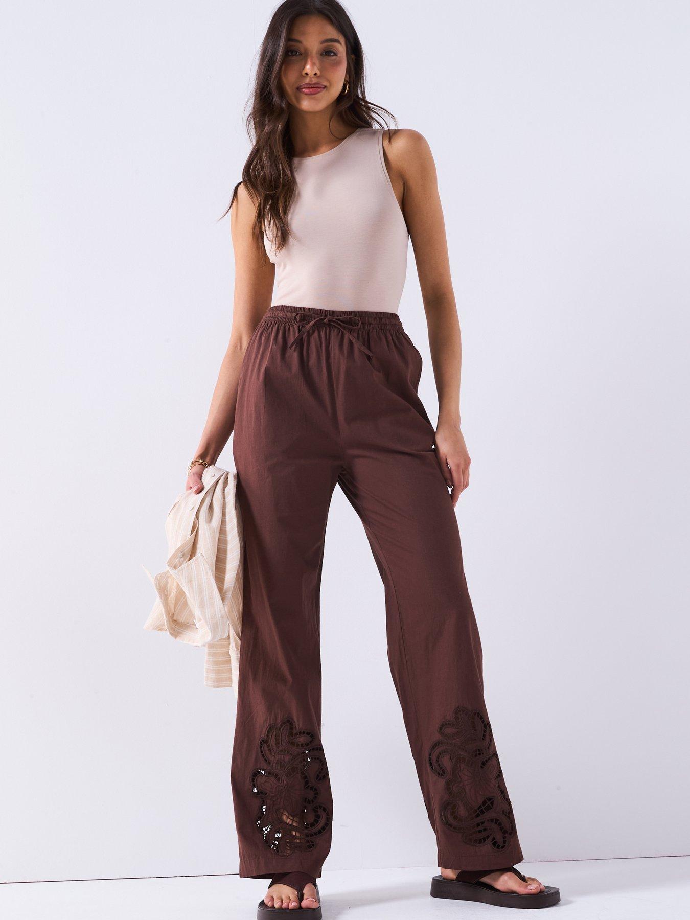 undefined Poplin Lace Cutwork Trousers - Chocolate