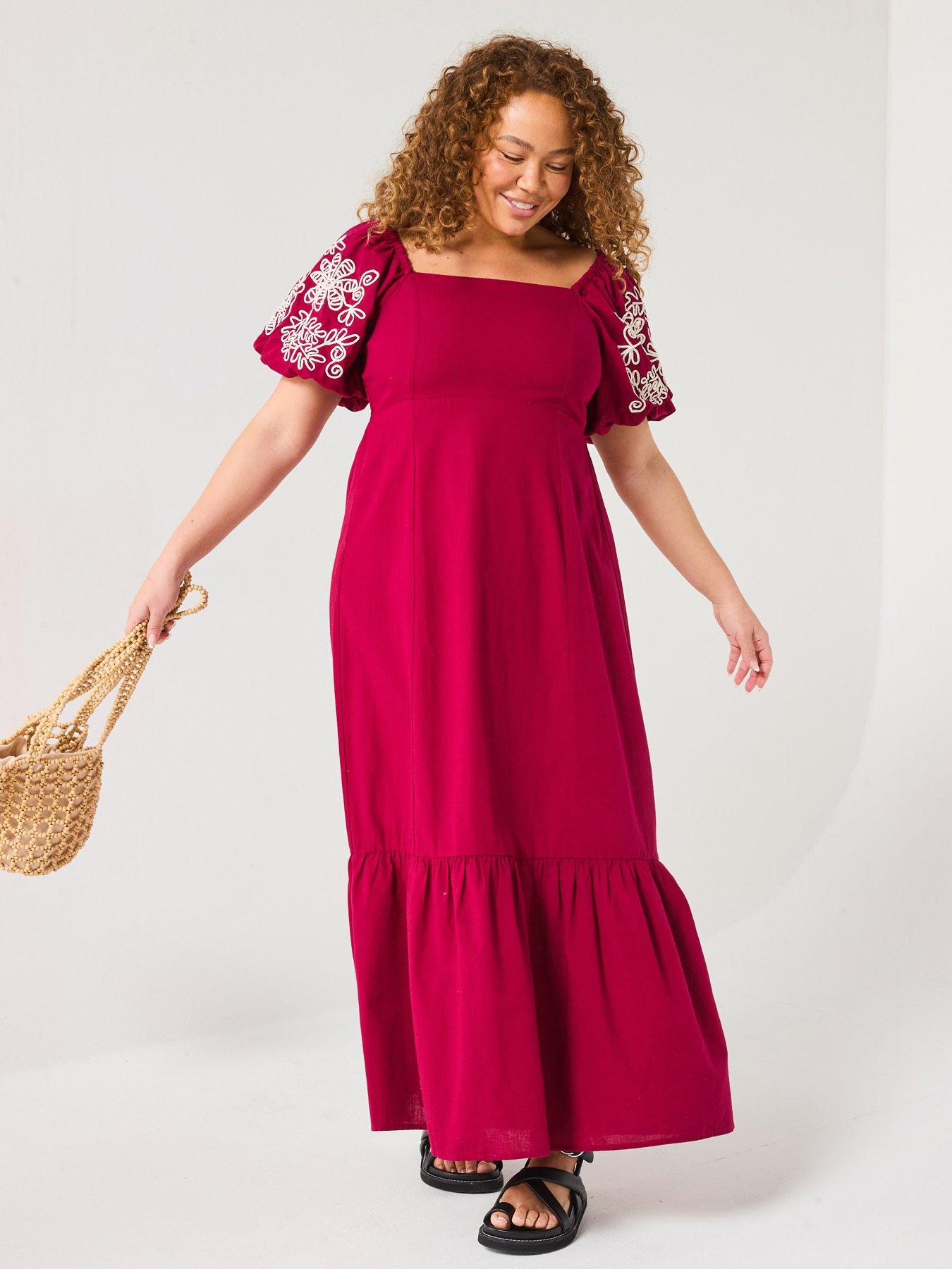 undefined Embroidered Sleeve Midaxi Dress - Red