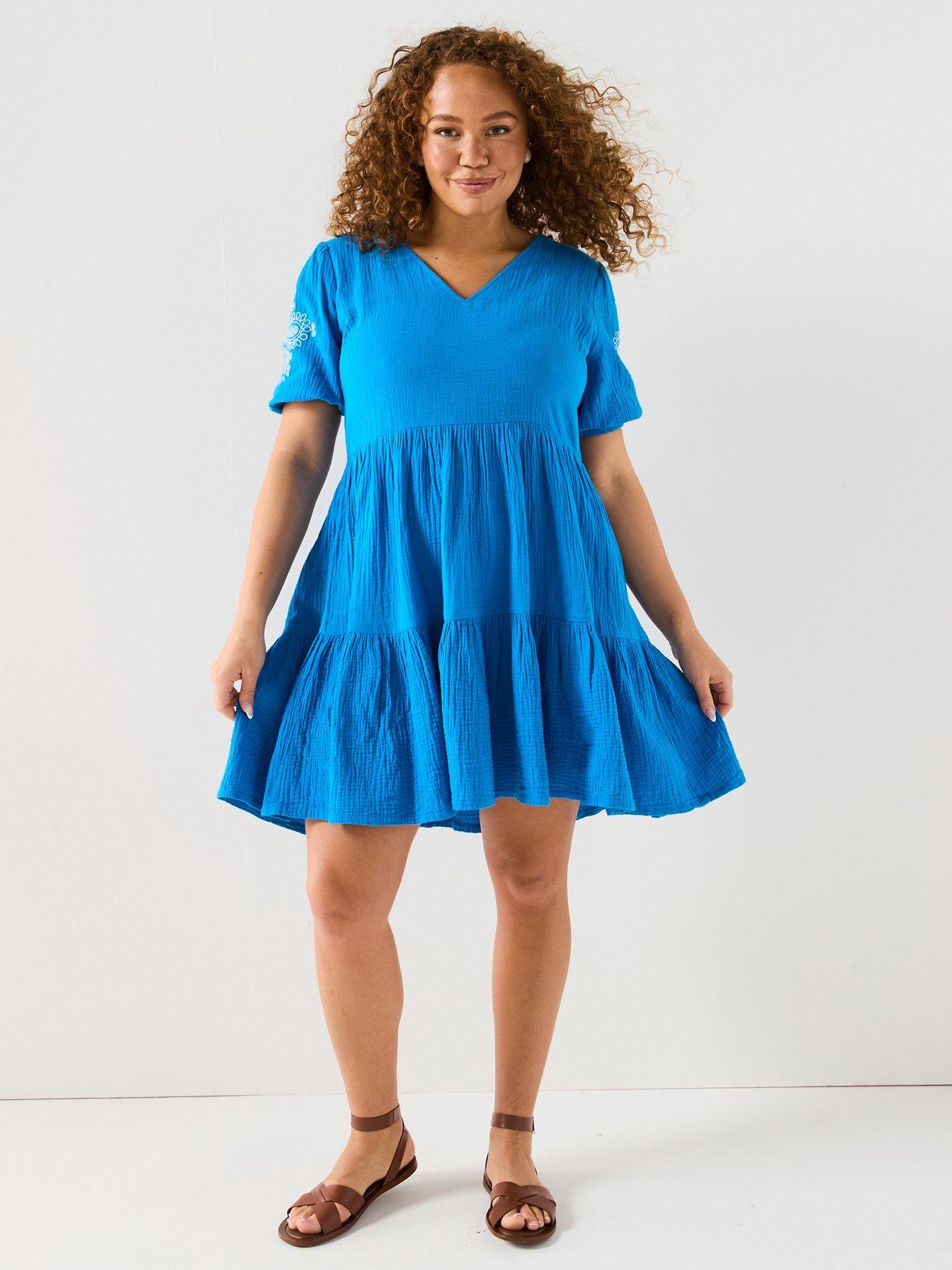 V by Very Curve Embroidered Sleeve Tiered Mini Dress - Blue