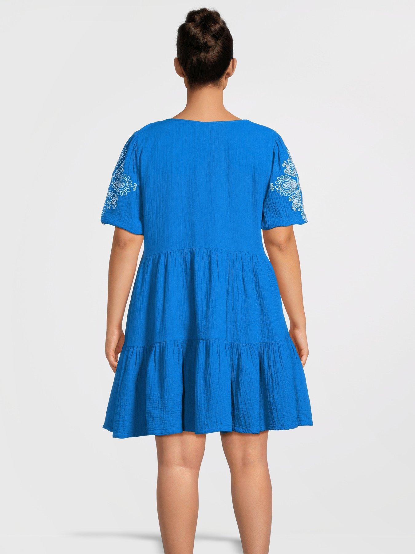 stillFront image of v-by-very-curve-embroidered-sleeve-tiered-mini-dress-blue