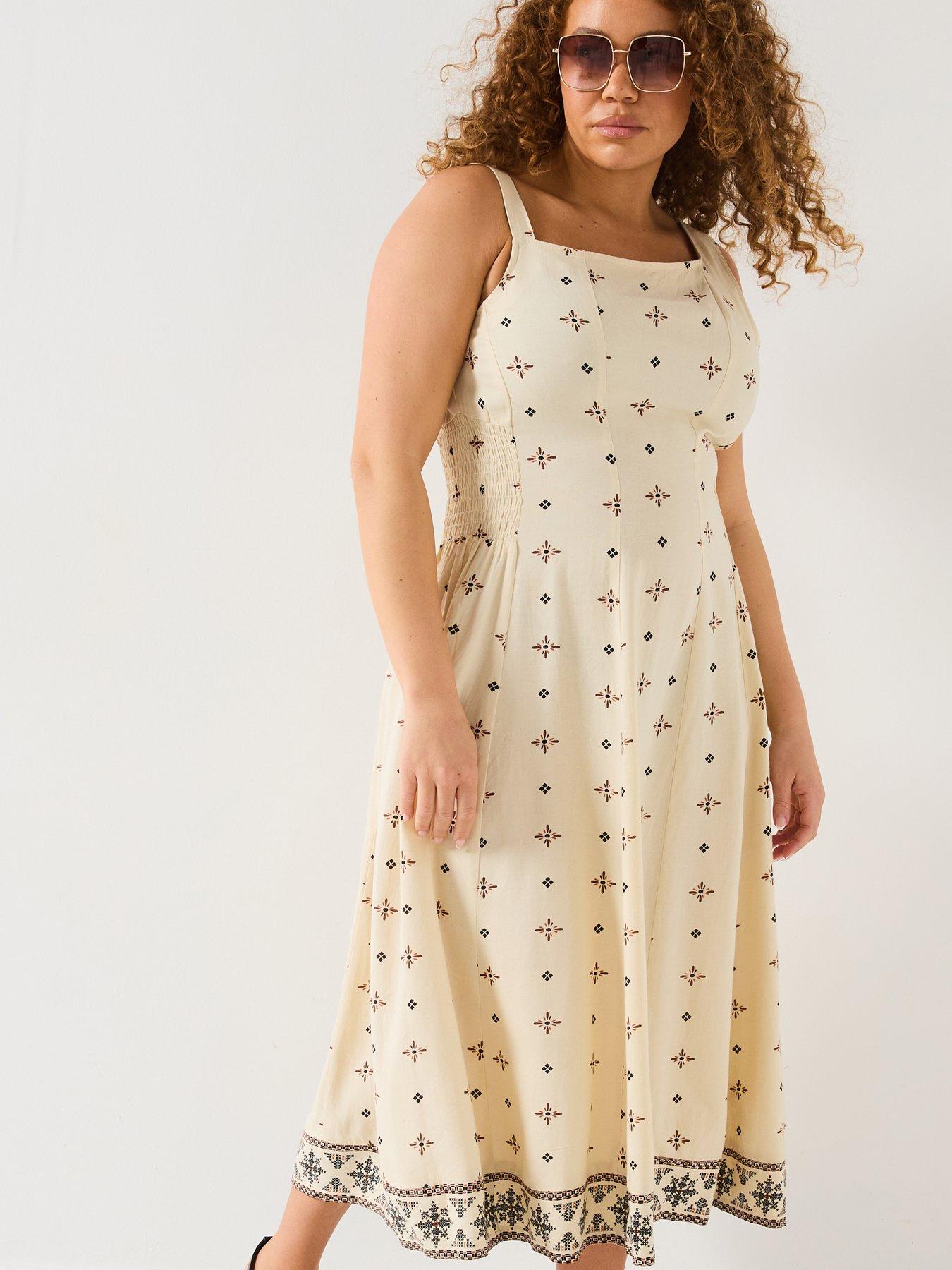 undefined Asymmetric Neck Linen Midi Dress - Print