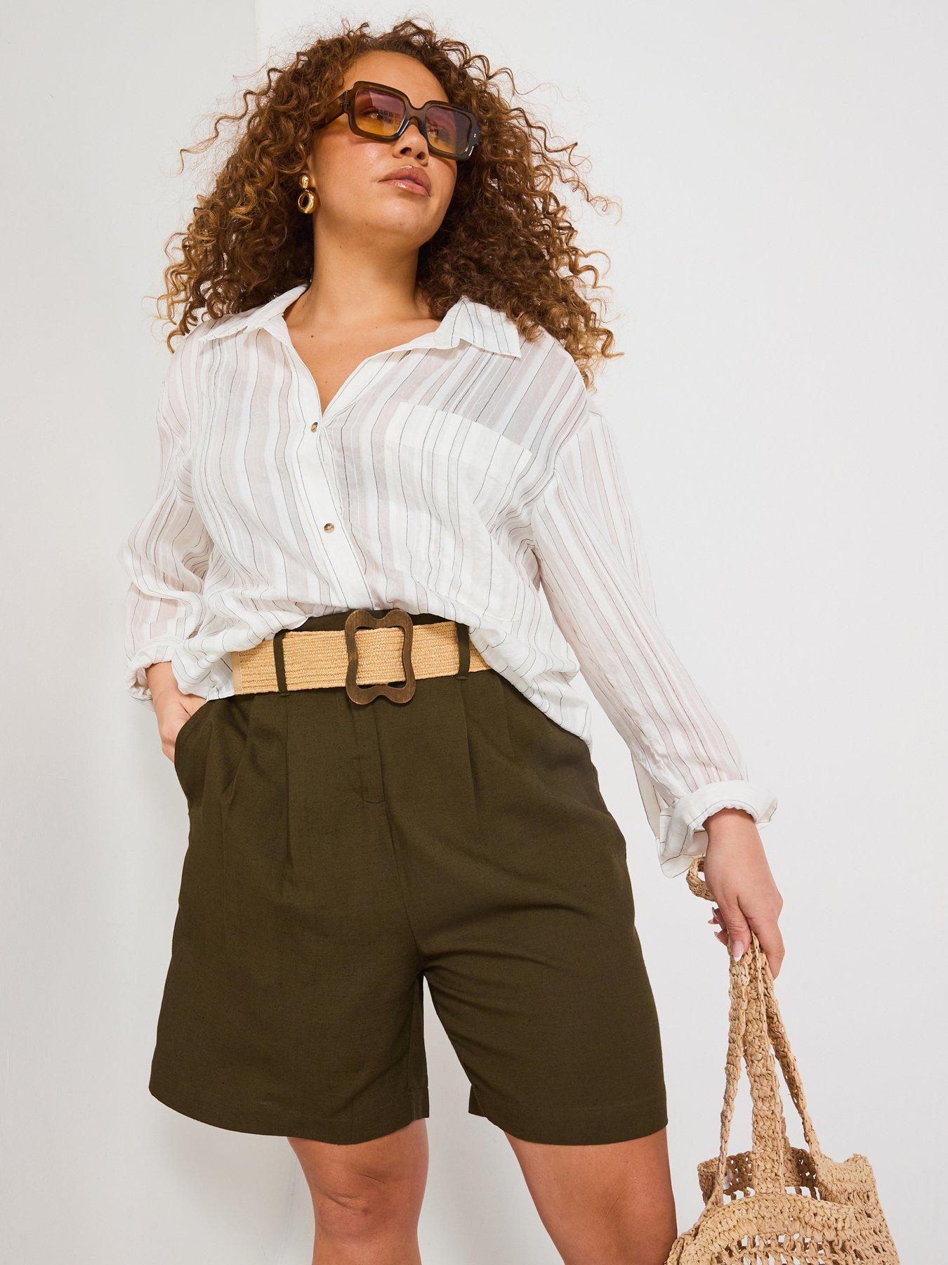 V by Very Curve Belted Linen Shorts - Khaki