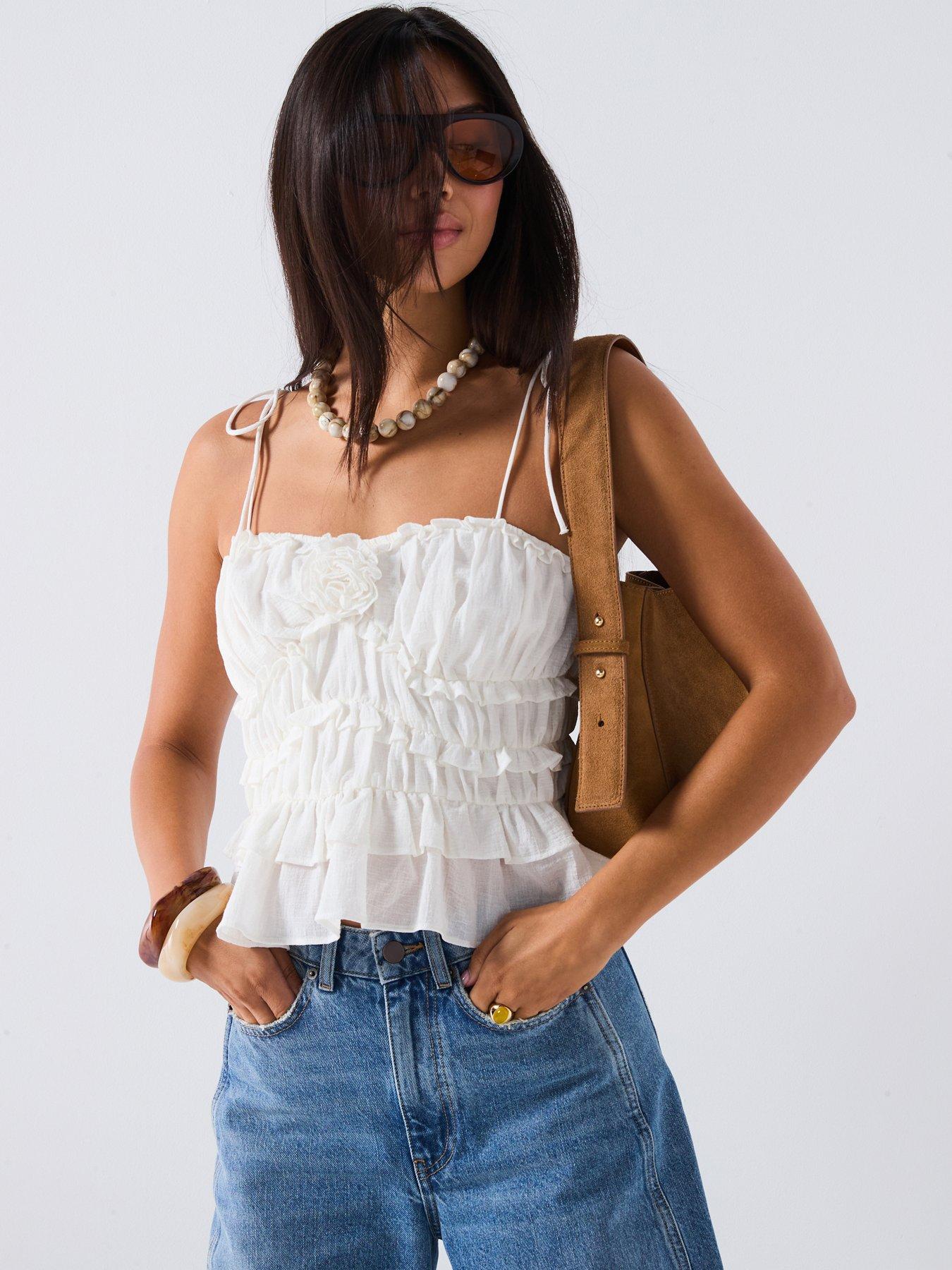 undefined Corsage Ruffle Cami - White