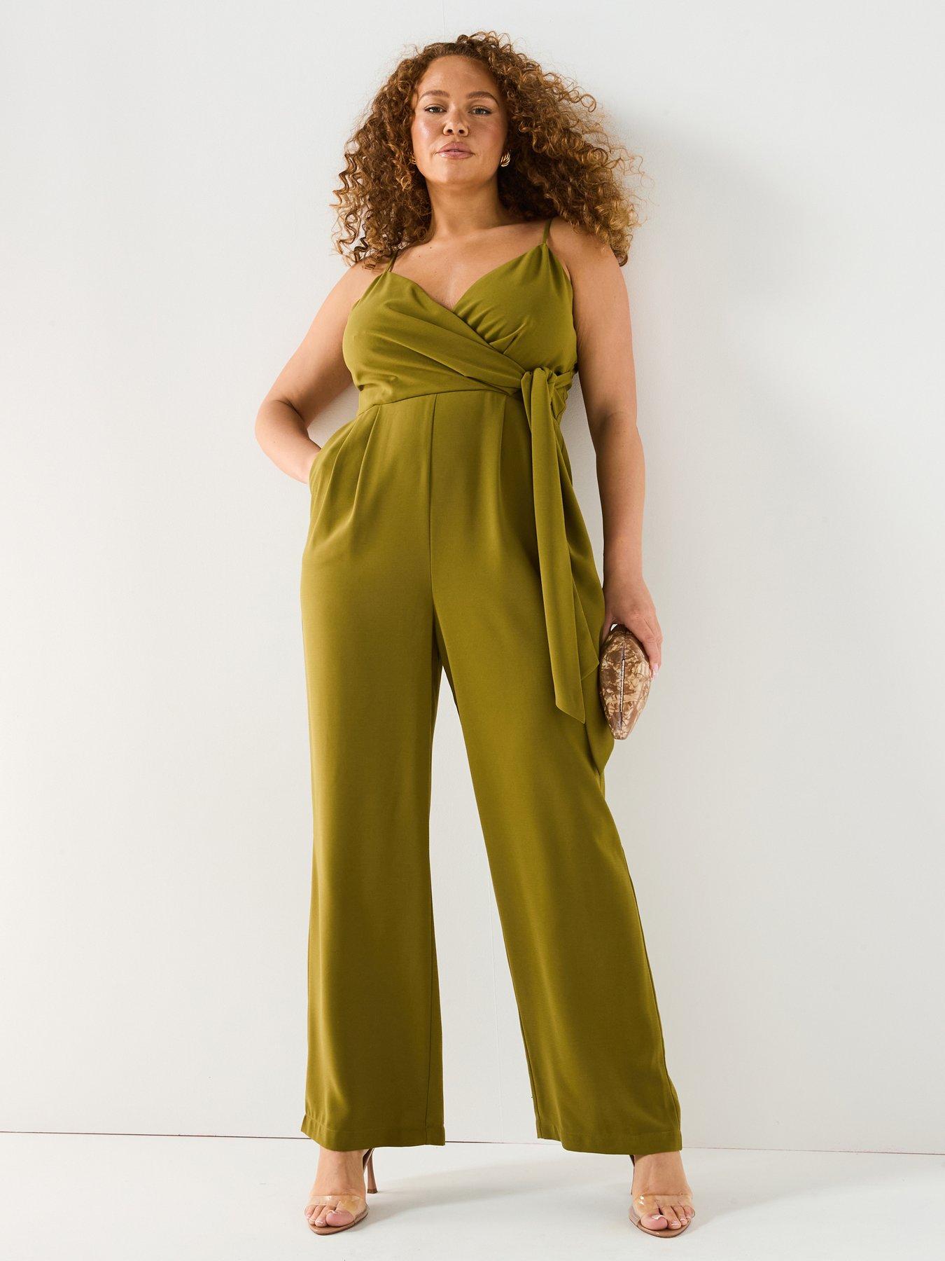 V by Very Curve Strappy Wrap Wide Leg Jumpsuit - Khaki