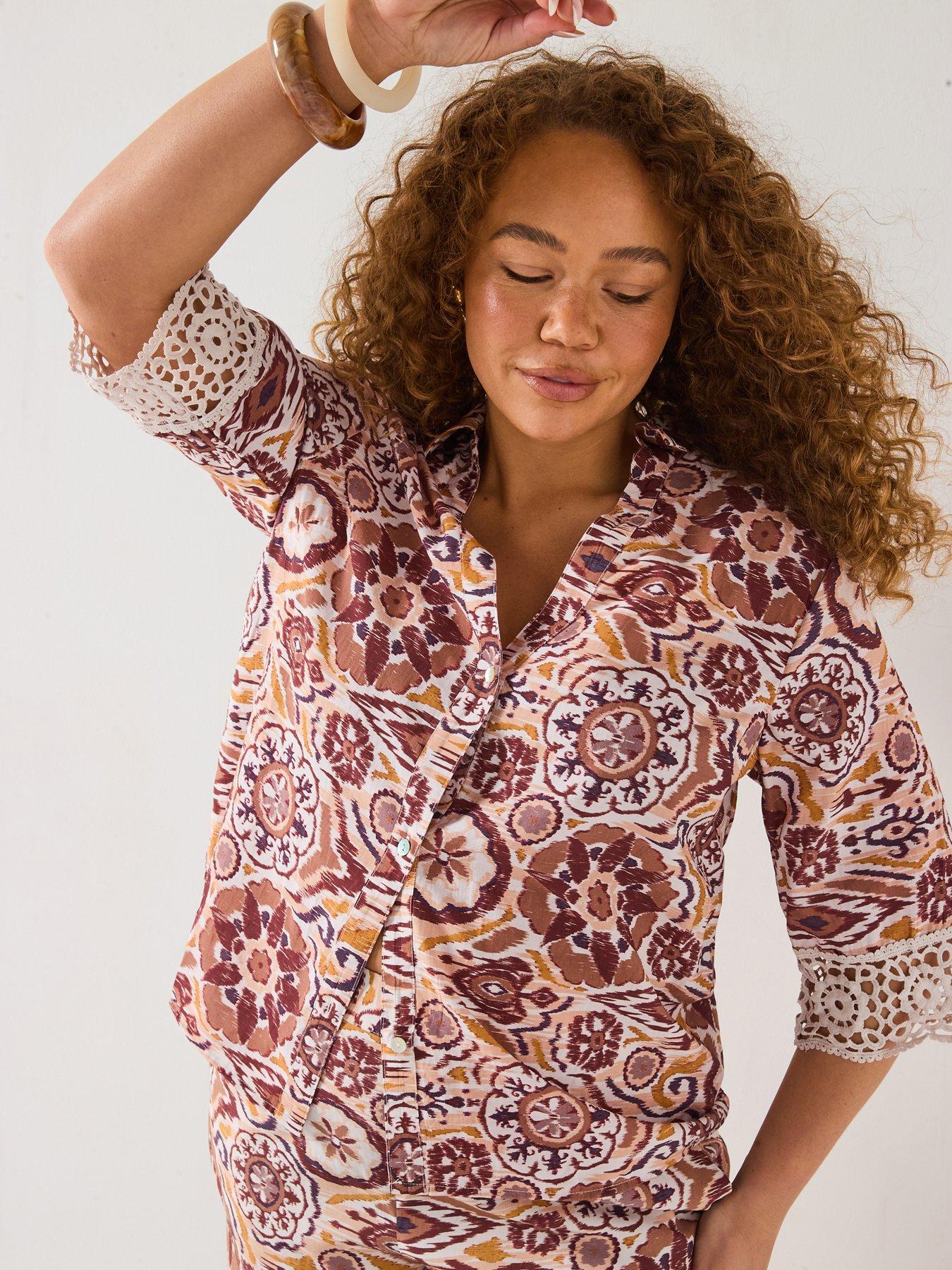 V by Very Curve Lace Trim Shirt Co-Ord - Print