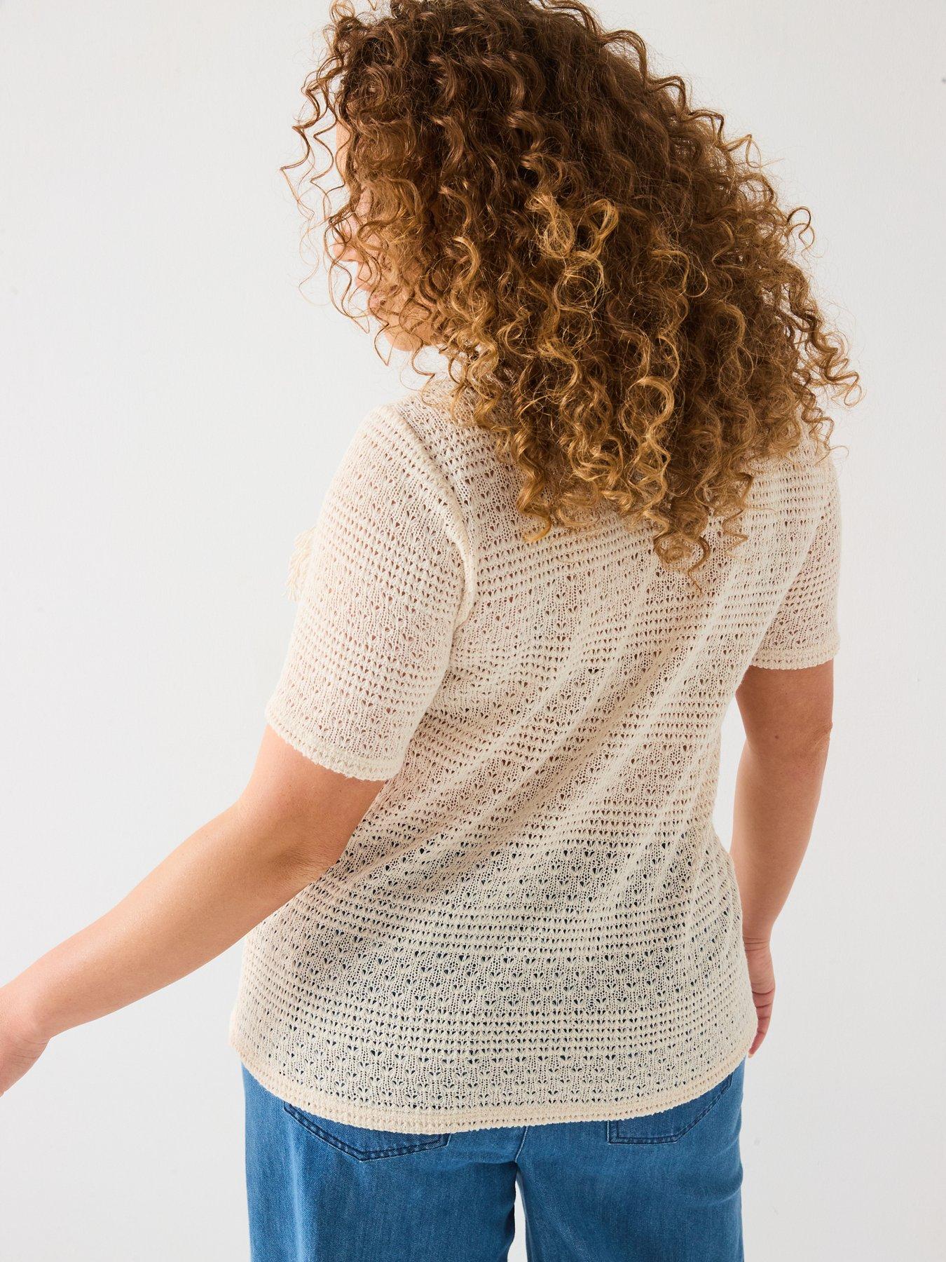 stillFront image of v-by-very-curve-fringe-detail-crochet-short-sleeve-top-cream