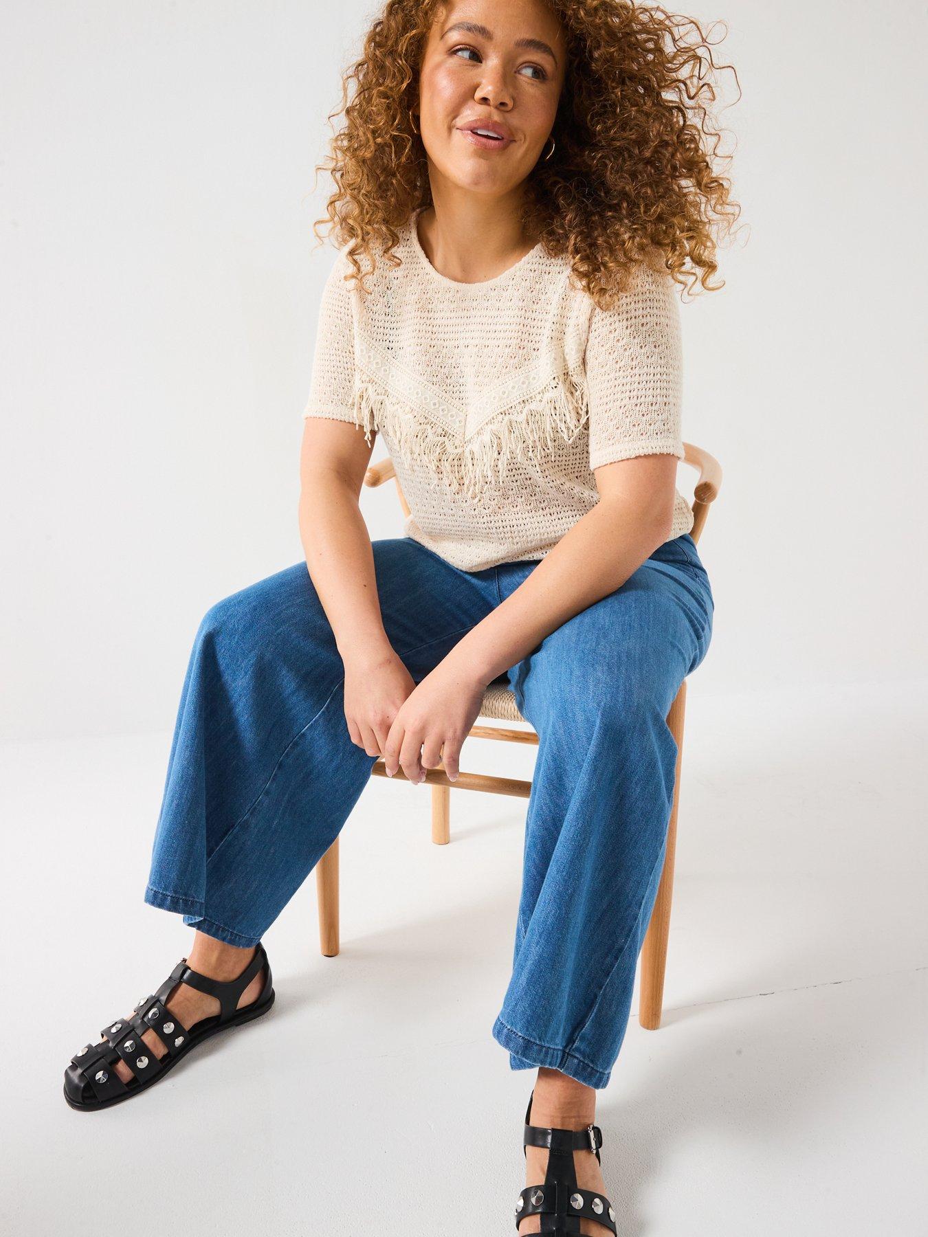  image of v-by-very-curve-fringe-detail-crochet-short-sleeve-top-cream