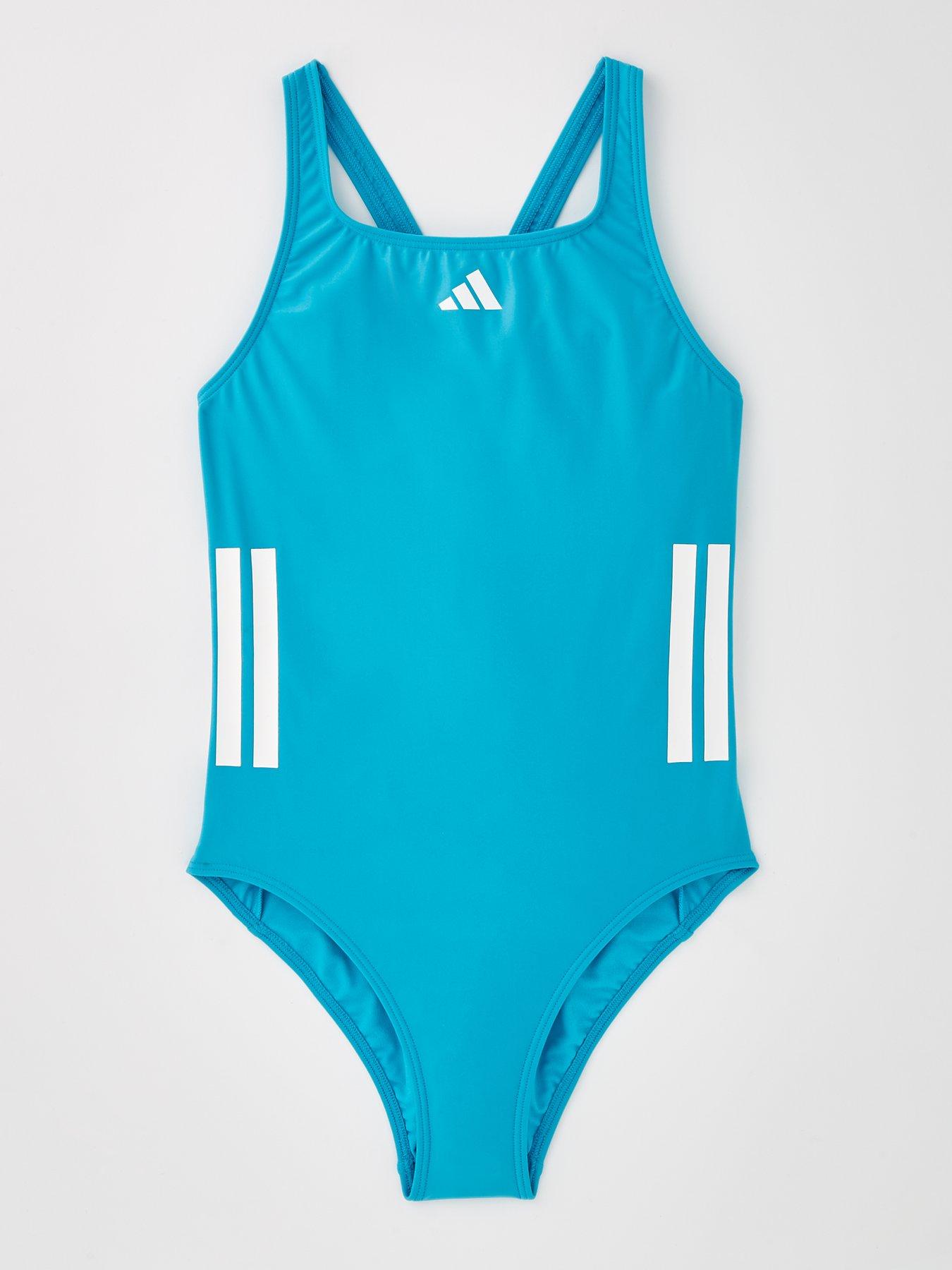  image of adidas-junior-girls-3-stripe-swimsuit-blue