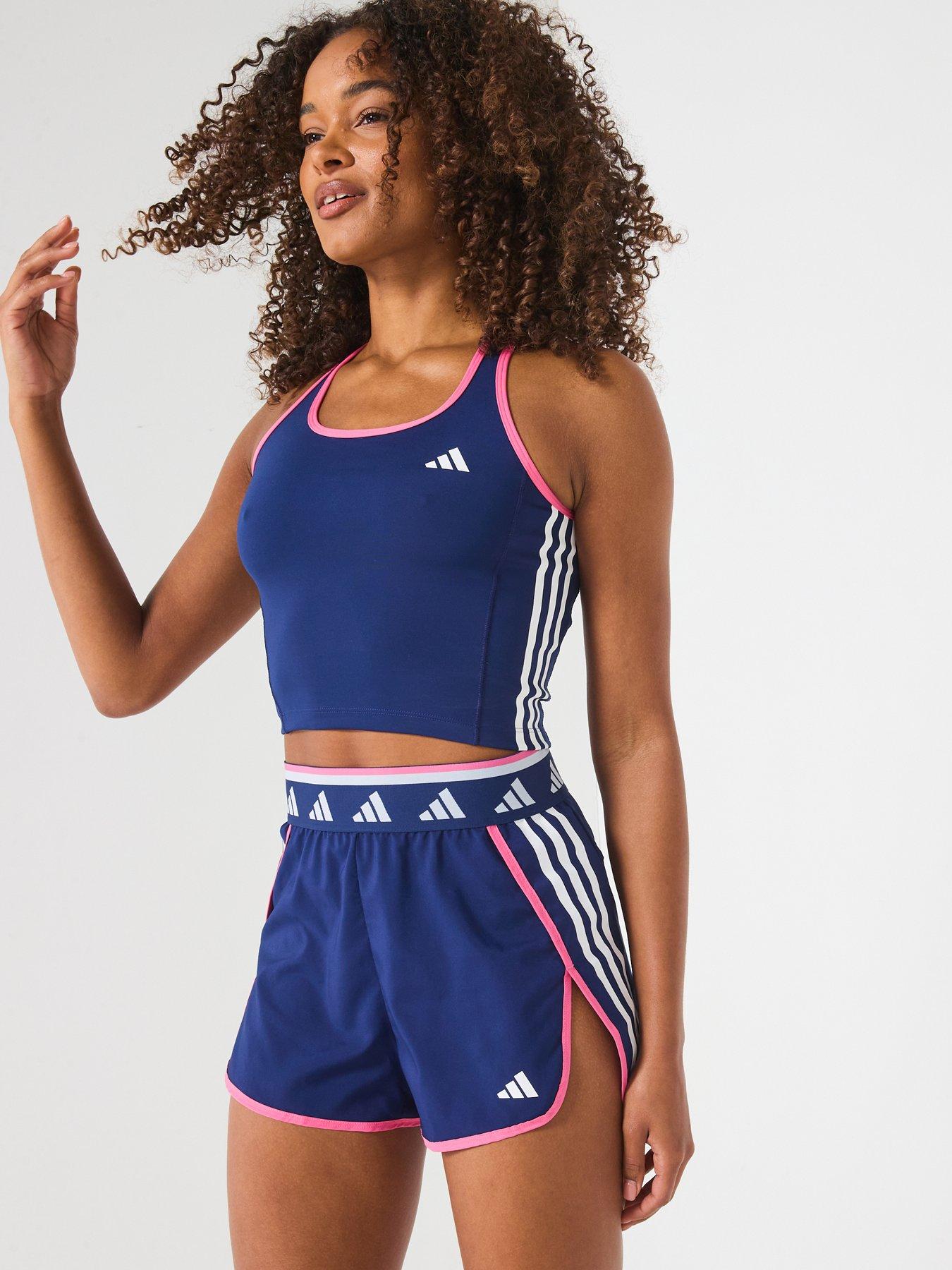  image of adidas-womens-training-hyperglam-woven-shorts-dark-bluewhitepink-fusion