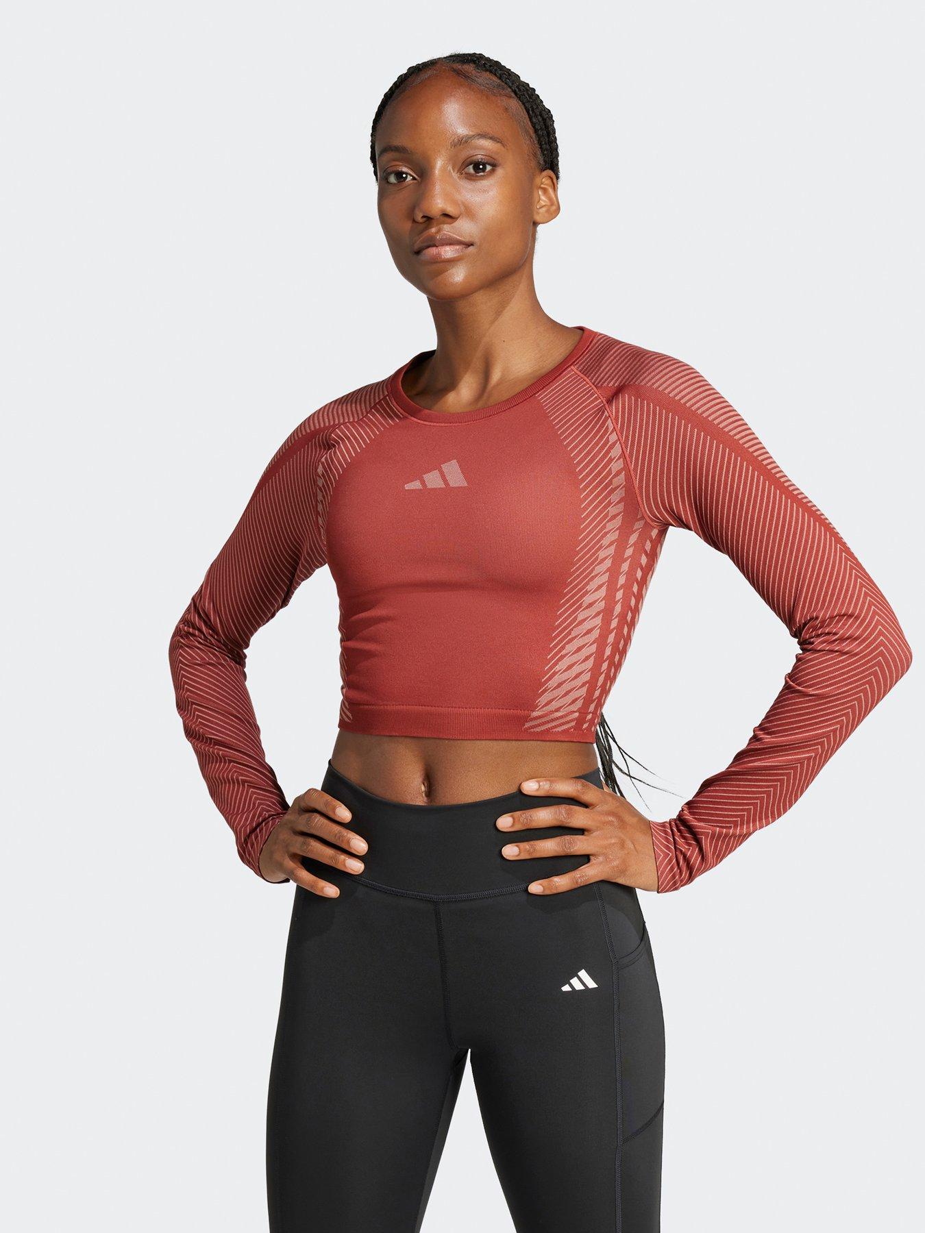  image of adidas-womens-training-seamless-long-sleeve-crop-top-red
