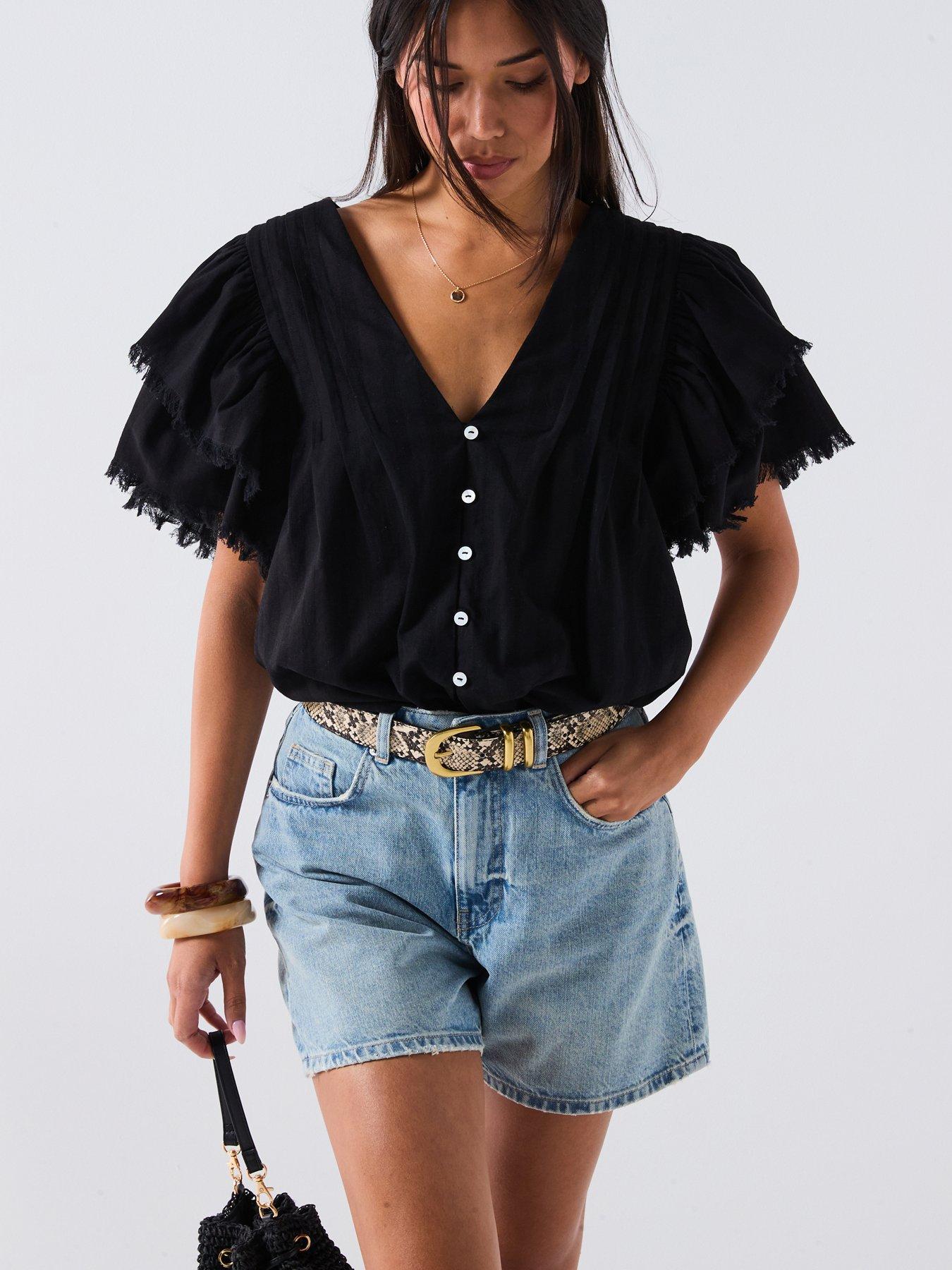 Image 1 of 6 of V by Very V Neck Fluted Blouse - Black