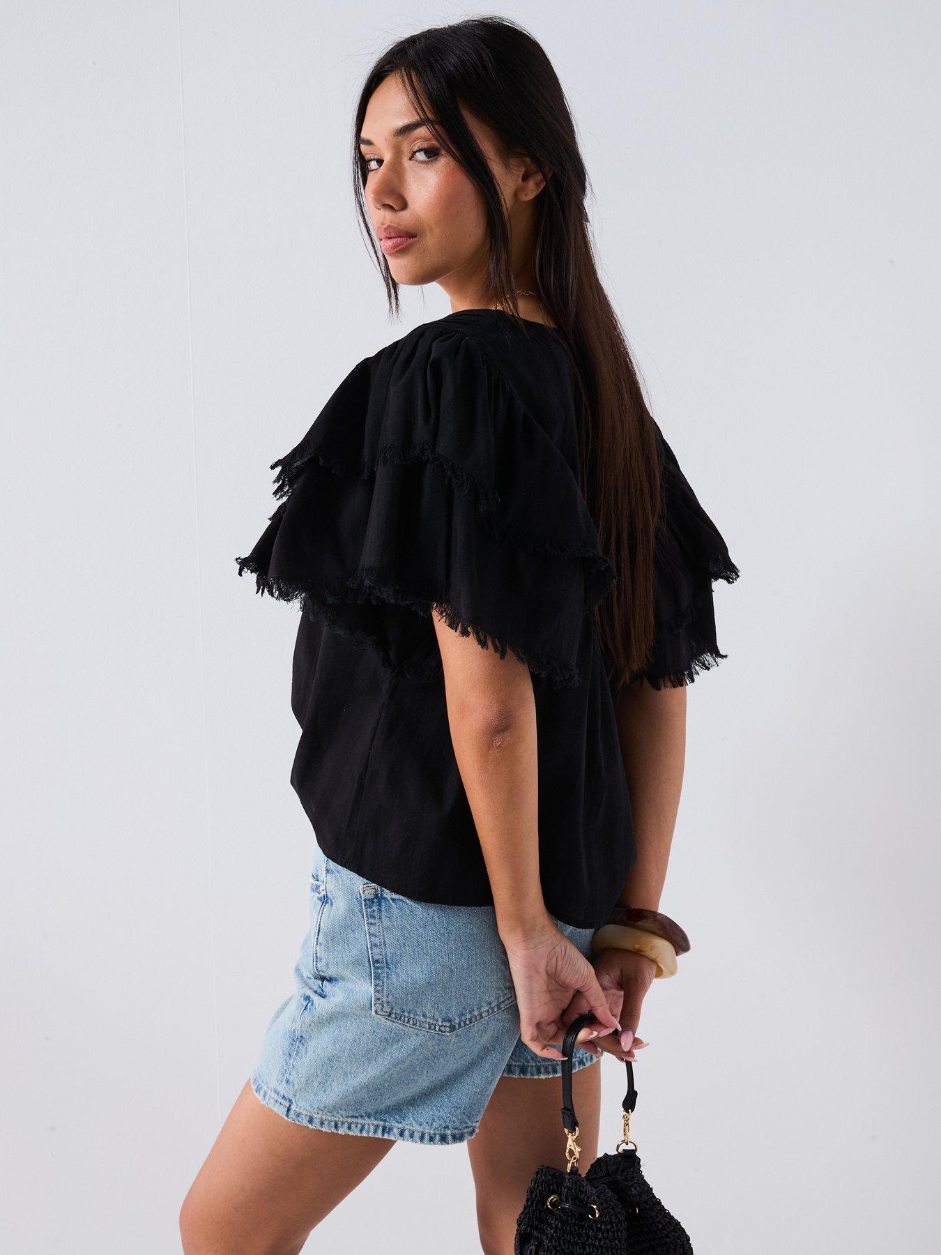 Image 2 of 6 of V by Very V Neck Fluted Blouse - Black