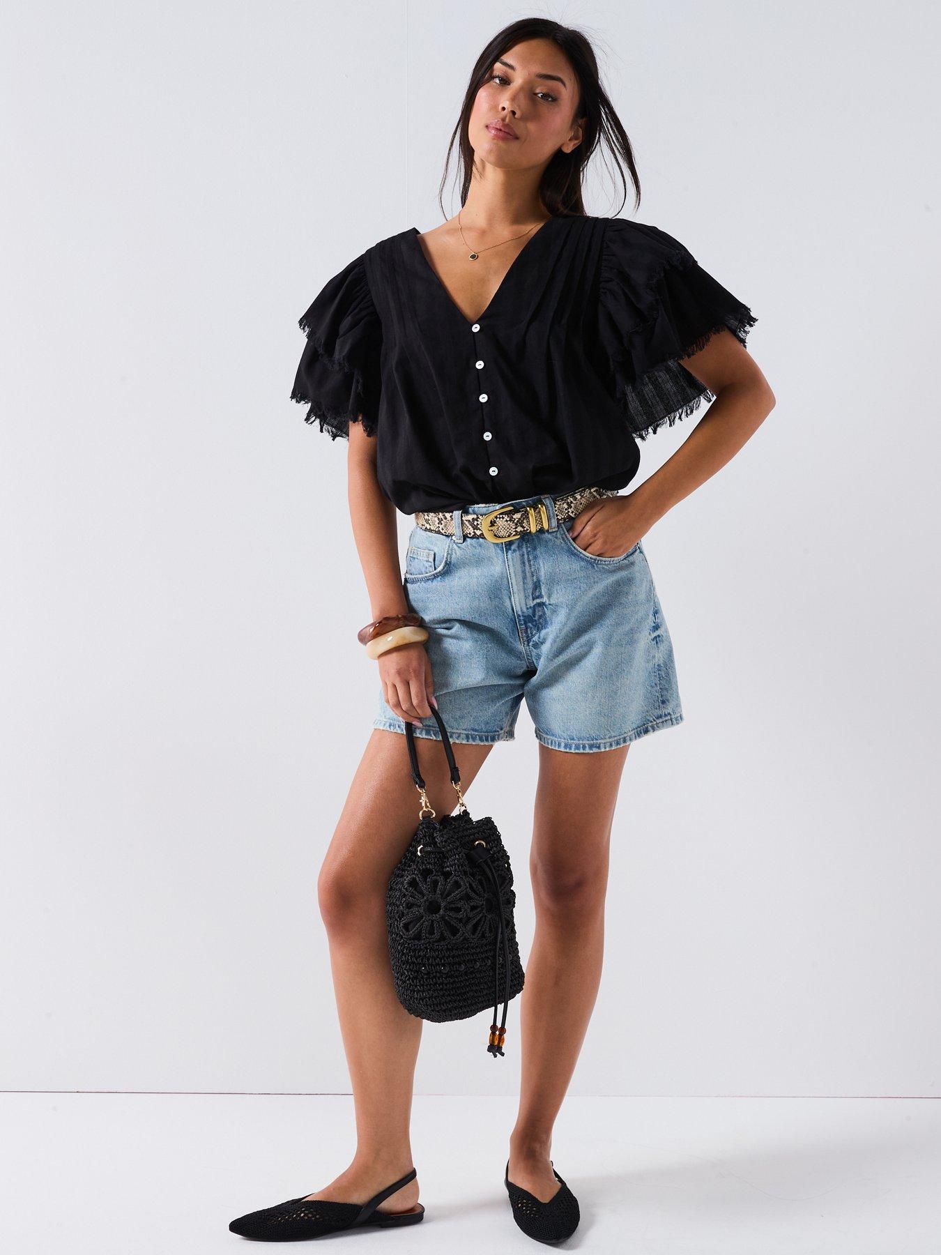 Image 3 of 6 of V by Very V Neck Fluted Blouse - Black