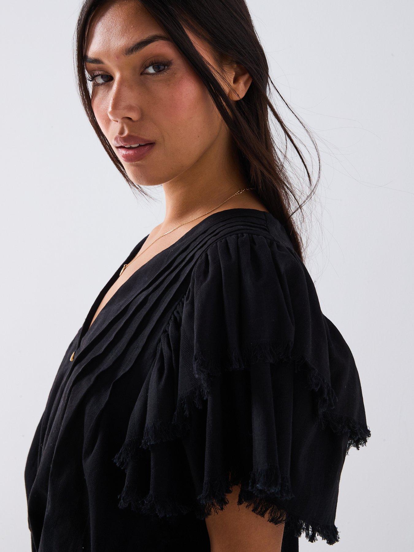 Image 4 of 6 of V by Very V Neck Fluted Blouse - Black